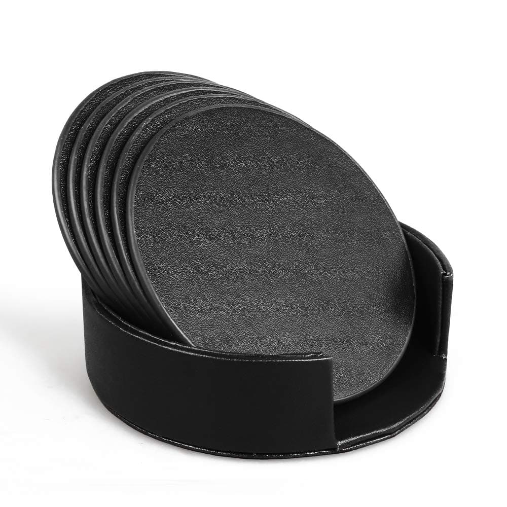 KWANITHINK Leather Coasters, 6pcs Coasters for Drinks with Holder, Drink Coasters Set Protect Furniture from Damage (Black)