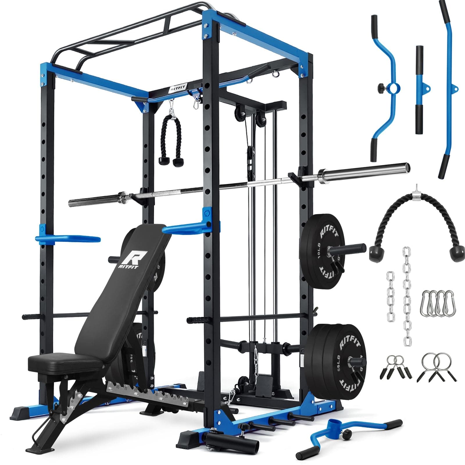 RitFit All-in-One Squat Rack for Home Gym, PPC02C Multi-Function 1000 LBS Capacity Power Cage with LAT Pulldown, Pulley System, Dip Bar, Landmine & More Power Rack Attachments, Package