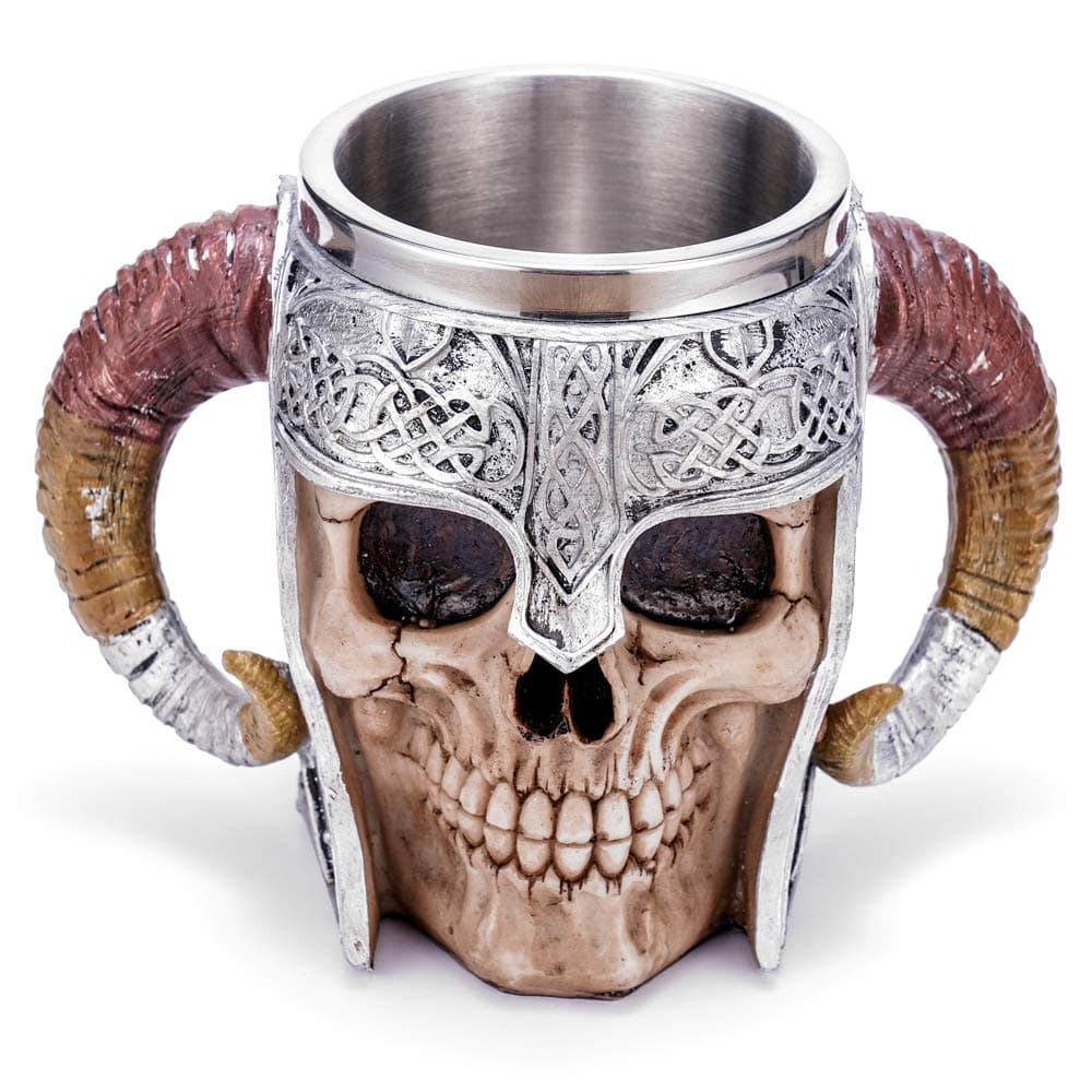 Stainless Steel Double Handle Horn Skull Beer Cup, Viking Warrior Skull Mug Tankard, Medieval Drinkware Mug for Coffee/Beverage/Juice 17oz.