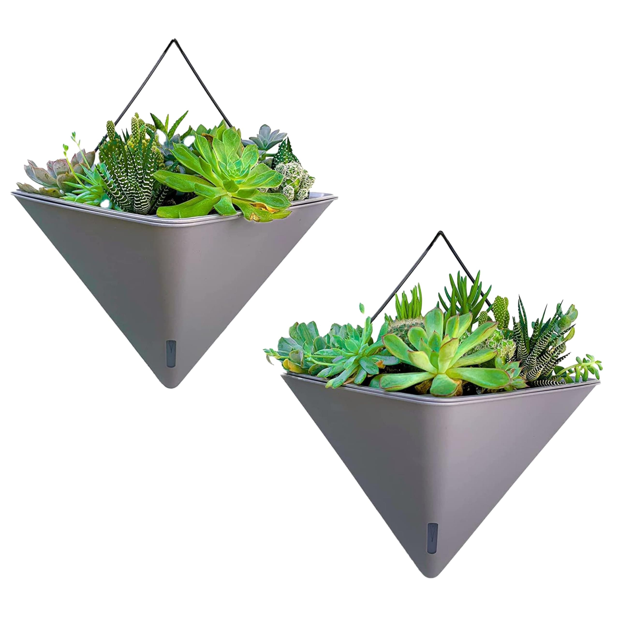 LaLaGreen Succulent Wall Planters - 2 Pack, 12 Inch Large Self Watering Wall Hanging Planters for Indoor Plants Gray Wall Mount Triangle Geometric Flower Vase Pot Black Metal Hanger Living Wall Decor