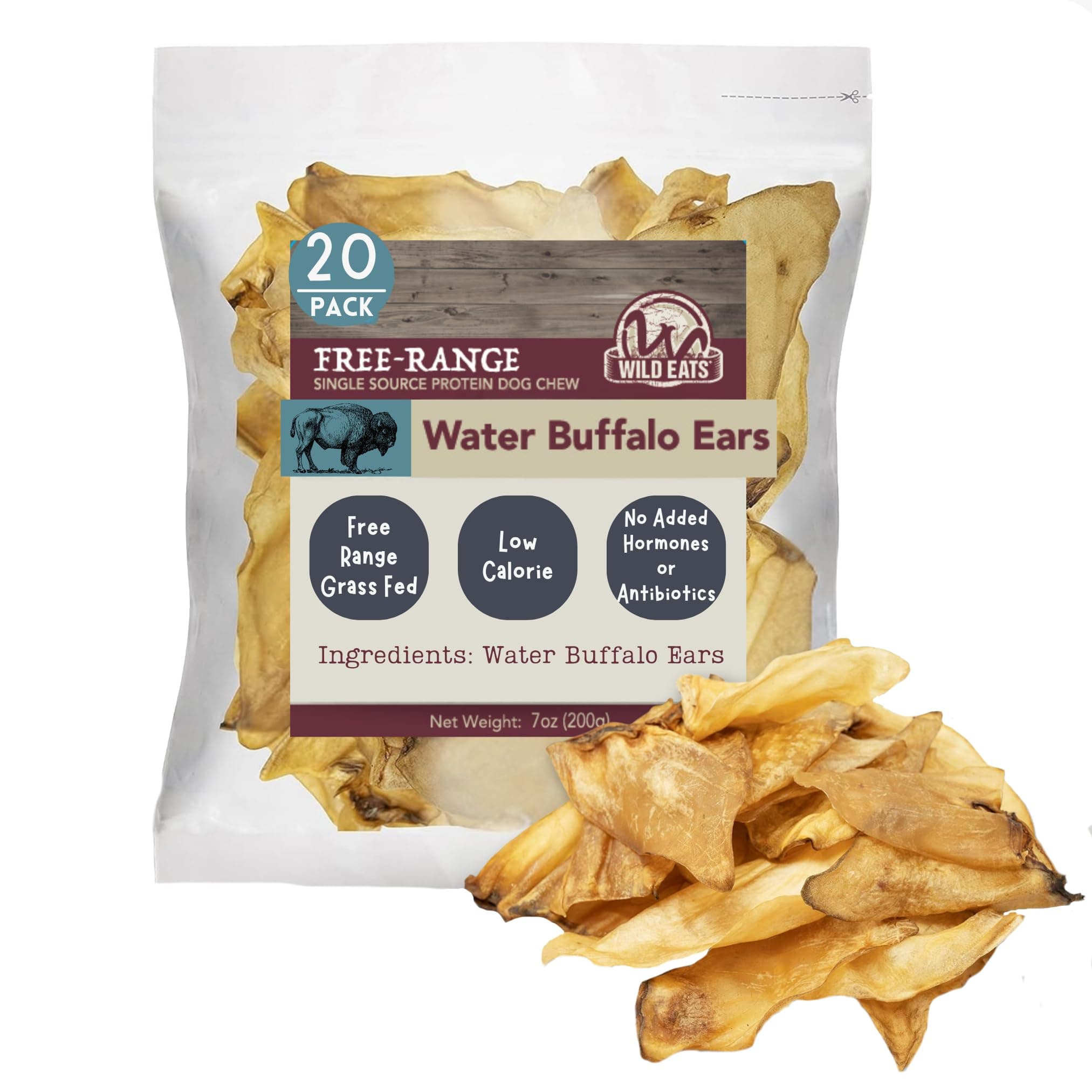 Wild Eats Water Buffalo All Natural Ear Dog Chews, Single Ingredient Dog Treats - 20 Count (Grain Free Treats - Great Alternative to Pig Ears, Cow Ears, Bones & Rawhides)