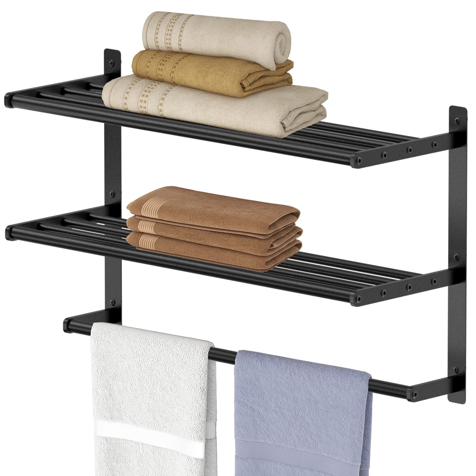 3-Tier Towel Shelf with Bar, 24 Inch Wall Mounted Holder for Bathroom, Metal Matte Black Lavatory Rails, Waterproof and Rustproof