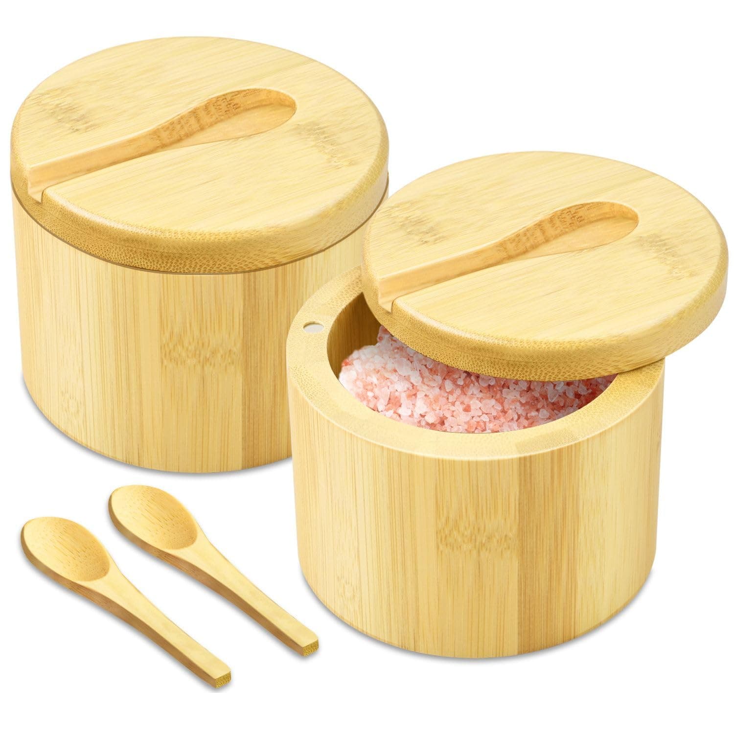 Flexzion Bamboo Salt Cellar with Lid and Spoon - Salt and Pepper Containers for Paprika, Herbs, Spice, Sugar - Bamboo Pepper Jar Storage Box Holder w/Magnetic Swivel Lid for Kitchen, 6 oz (Set of 2)