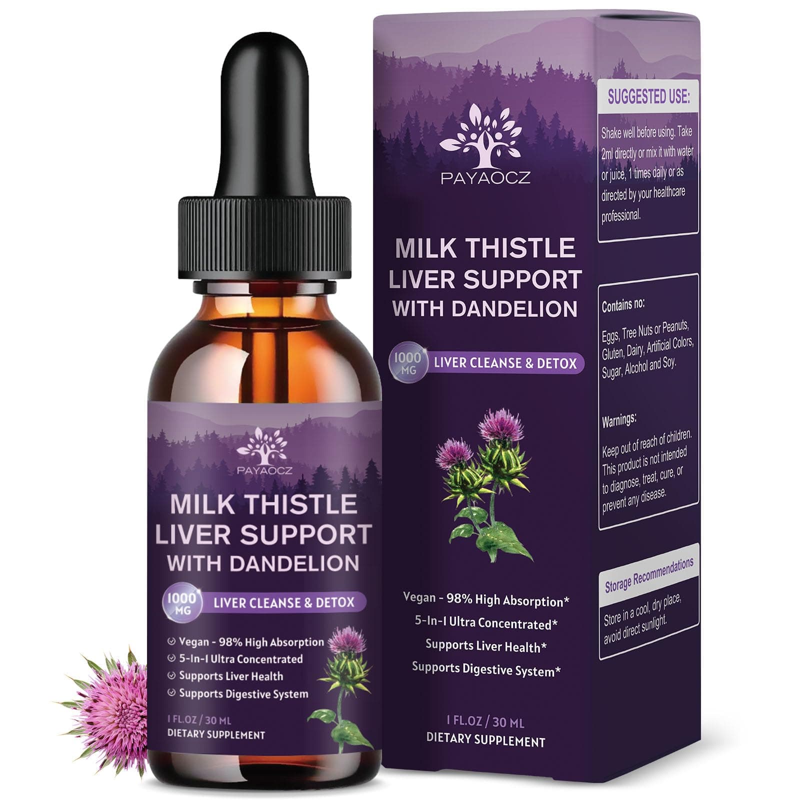 (2 Pack) Milk Thistle Liquid Drops Silymarin 1000mg, Liver Supplement Detox & Cleanse with Dandelion & Artichoke, Milk Thistle Organic Extract for Support Repair Liver Health, Vegan, Non-GMO, 1 Fl Oz