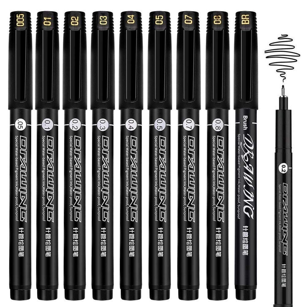 9Pcs/Set Precision Black Micro-Liner Fineliner Ink Pens - Waterproof Archival ink Fine Point Micro Pen, Multiliner - Sketching, Anime, Illustration, Technical Drawing, Office Documents&Scrapbooking