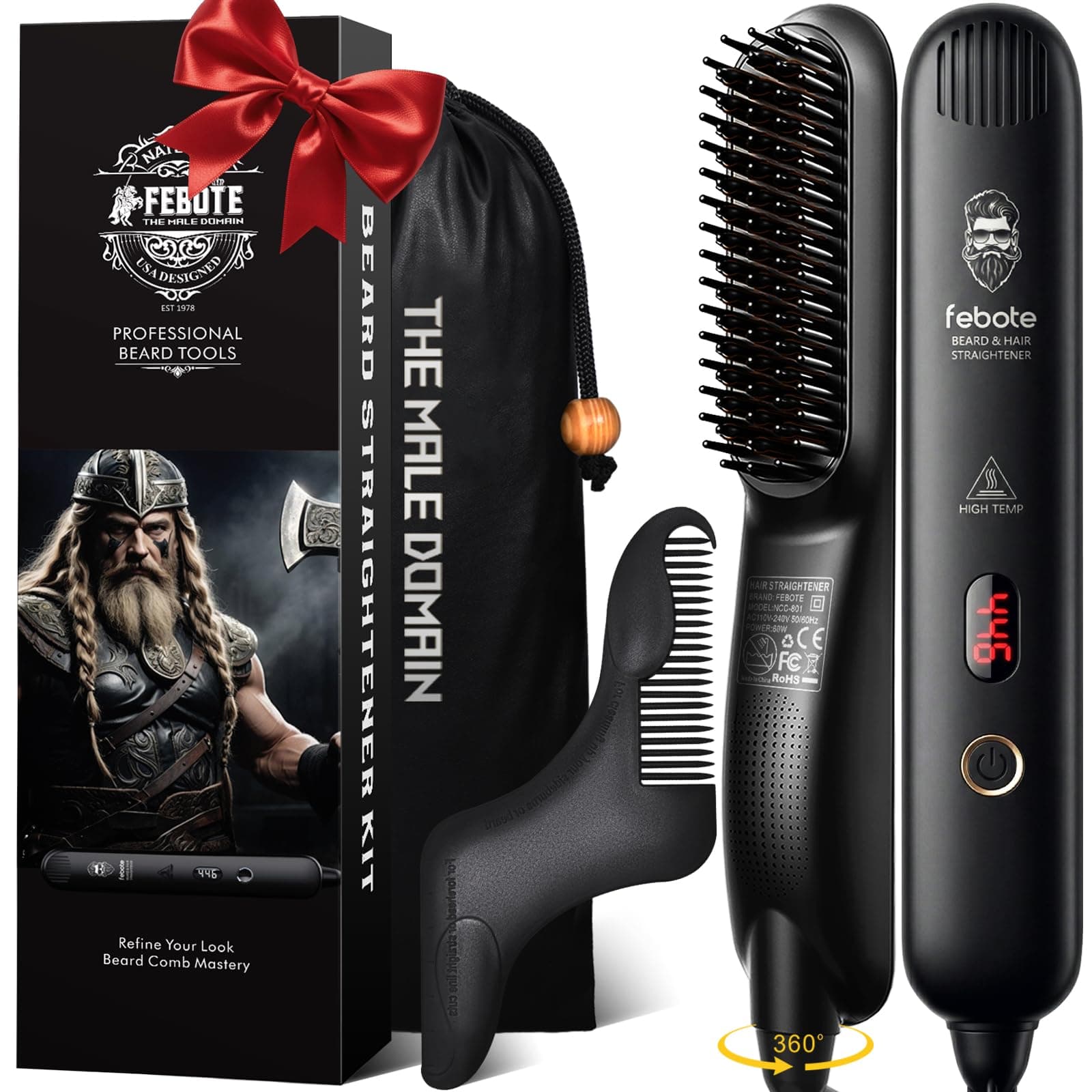 Heated Ionic Hair Straightening Brush for Men - 5 Temperature Settings, Anti-Scald, Beard Shaper & Travel Bag