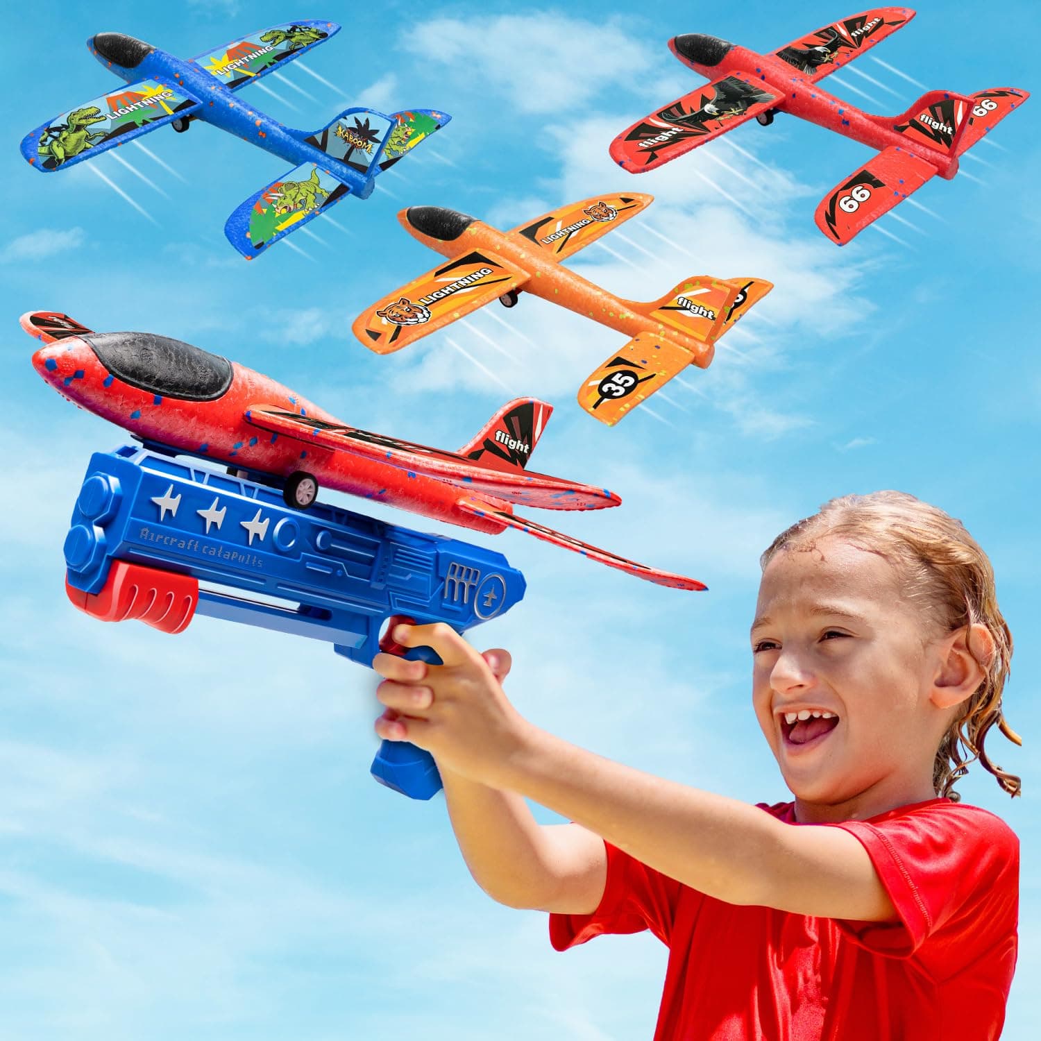 3 Pack Airplane Launcher Toys, 2 Flight Modes Throwing Foam Glider Catapult Plane, Outdoor Flying Game Outside Toys for Ages 3 4 5 6 7 8 9 10 11 12 Years Old Boys Girls Kids Birthday Gifts