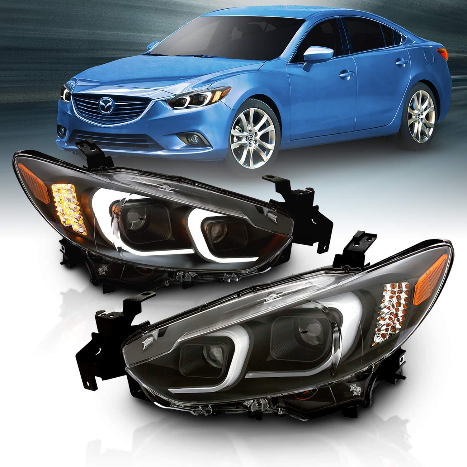 Black Projector Headlights With Glow Bar For 2014-2017 Mazda 6 (Pair) High/Low Beam Bulb Included