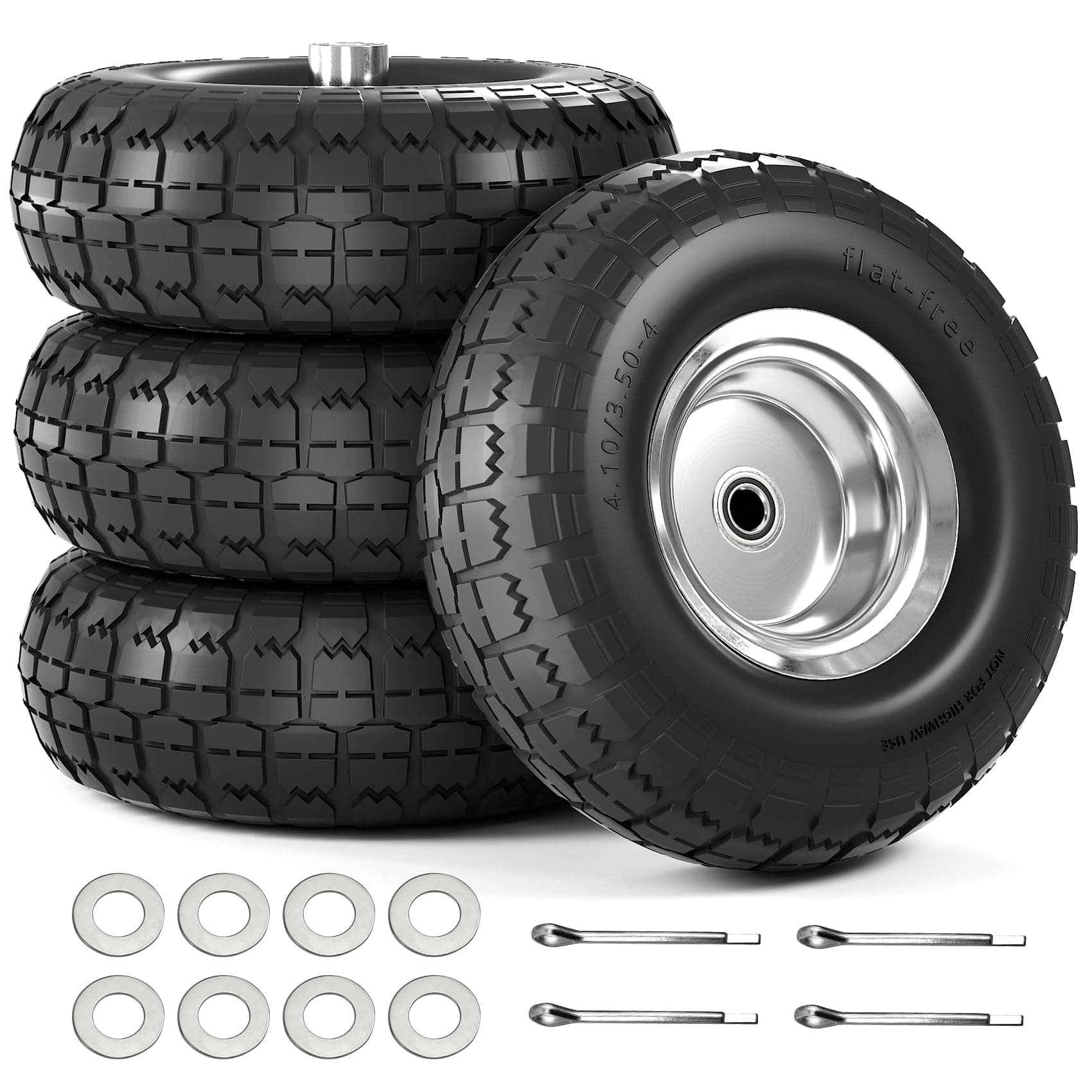 【UPGRADED】4.10/3.50-4 Tire and Wheel Flat Free, 10 Inch Solid Rubber Tire with 5/8”Axle Bore Hole and Double Sealed Bearings, for Dolly Wheels/Hand Truck Wheels/Dump Cart,4 Pack