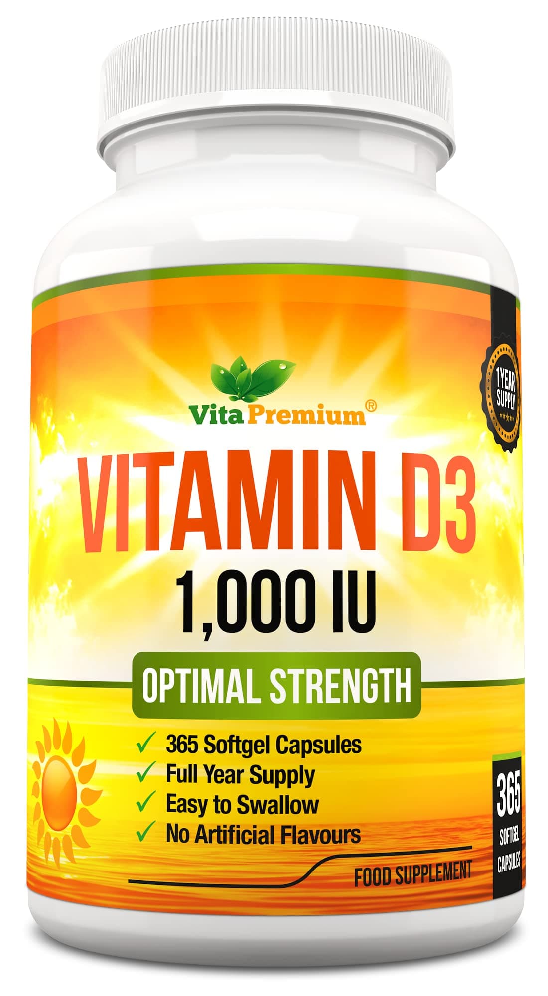 Vitamin D 1,000 IU, Optimal Strength Vitamin D3 Supplement, 365 Easy to Swallow Softgels - Full Year Supply
