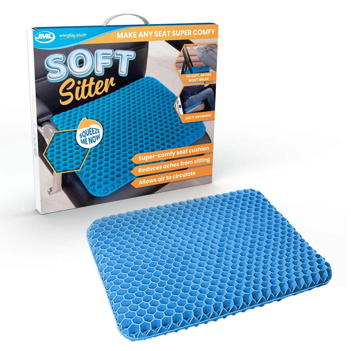 JML Soft Sitter Honeycomb Cushion - Gel Seat Cushion for Support and Flexibility, Home, Office, Gaming and Car Seat Pads - Lightweight, Durable, Breathable for All-Day Comfort and Posture, Blue
