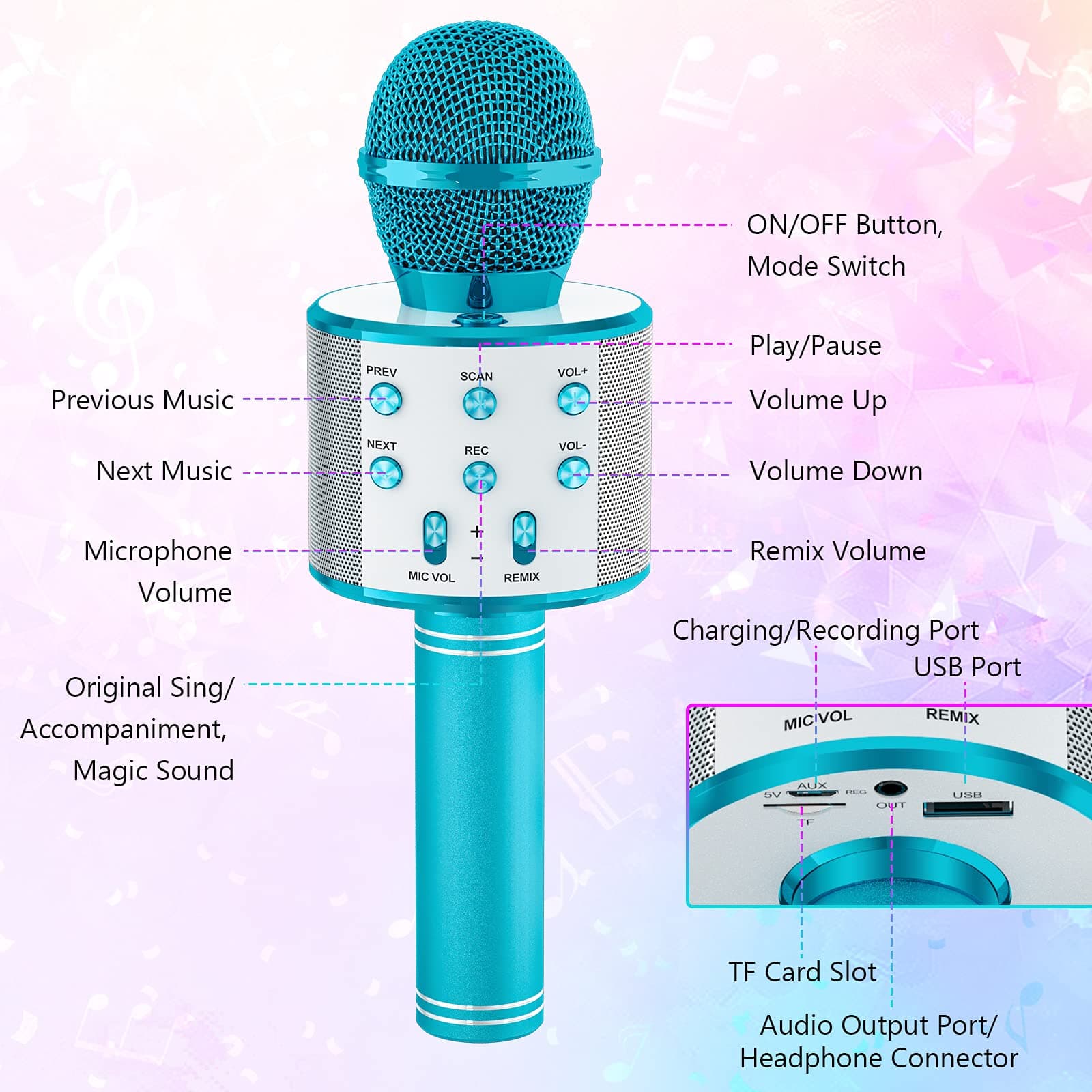 Wowstar Wireless Microphone, Karaoke Bluetooth Microphone for Kids Adults, Portable Toy Karaoke Mic Speaker Machine, Home KTV Player Support Android & iOS Devices for Party Singing Blue Bugle Brass
