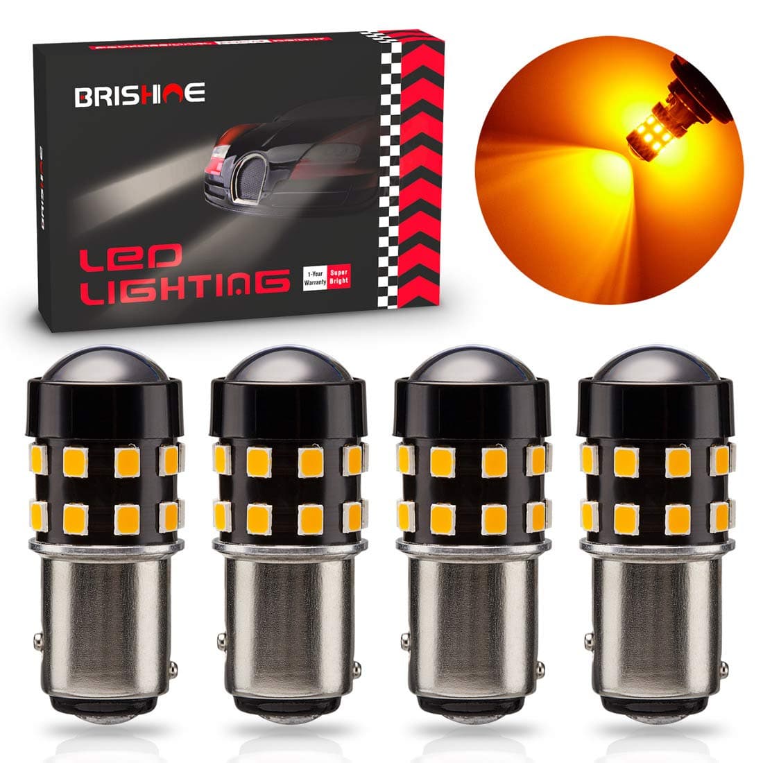Sponsored Ad - 4-Pack Super Bright 1157 2057 2357 7528 1157A LED Bulbs Amber Yellow 9-30V Non-Polarity 24-SMD LED Chipsets with Projector for Turn Signal Lights, Side Marker Lights