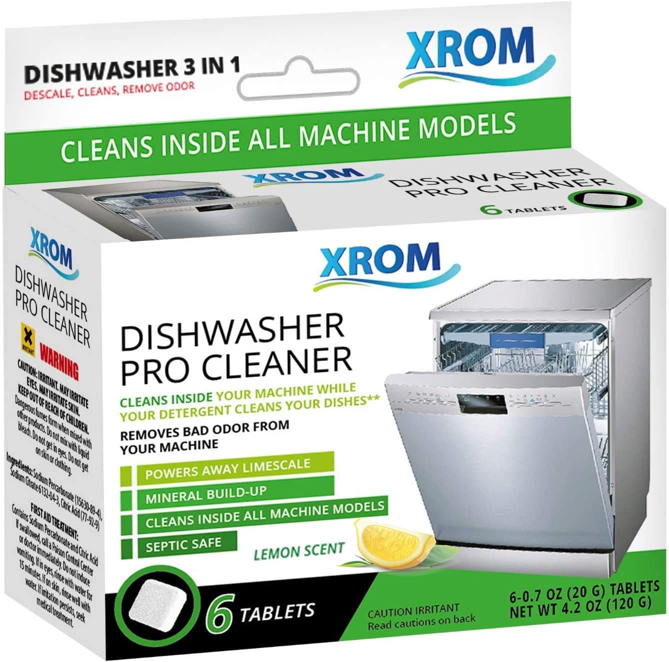 XROM Dishwasher Cleaner Tablets, Plant Based, Deep Clean And Descale, Removes Odors, Removes Hard Water Stains, Powerful Descaling, 6 Treatments (Lemon Scent)