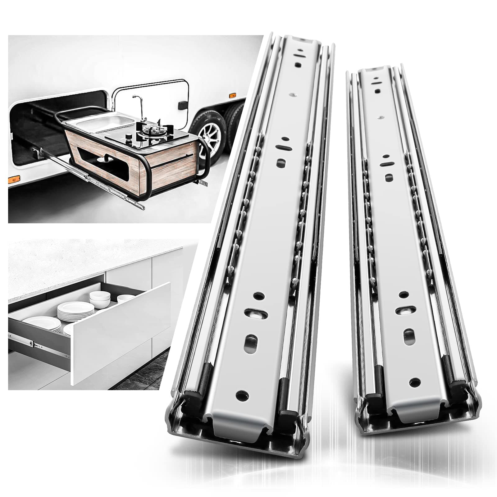 AOLISHENG Heavy Duty Drawer Slides Rails 16 Inch Full Extension Ball Bearing Cabinet Drawer Slides Out 3 Section Drawer Tracks and Runners 150 lb Load Capacity Side Mount 1 Pair