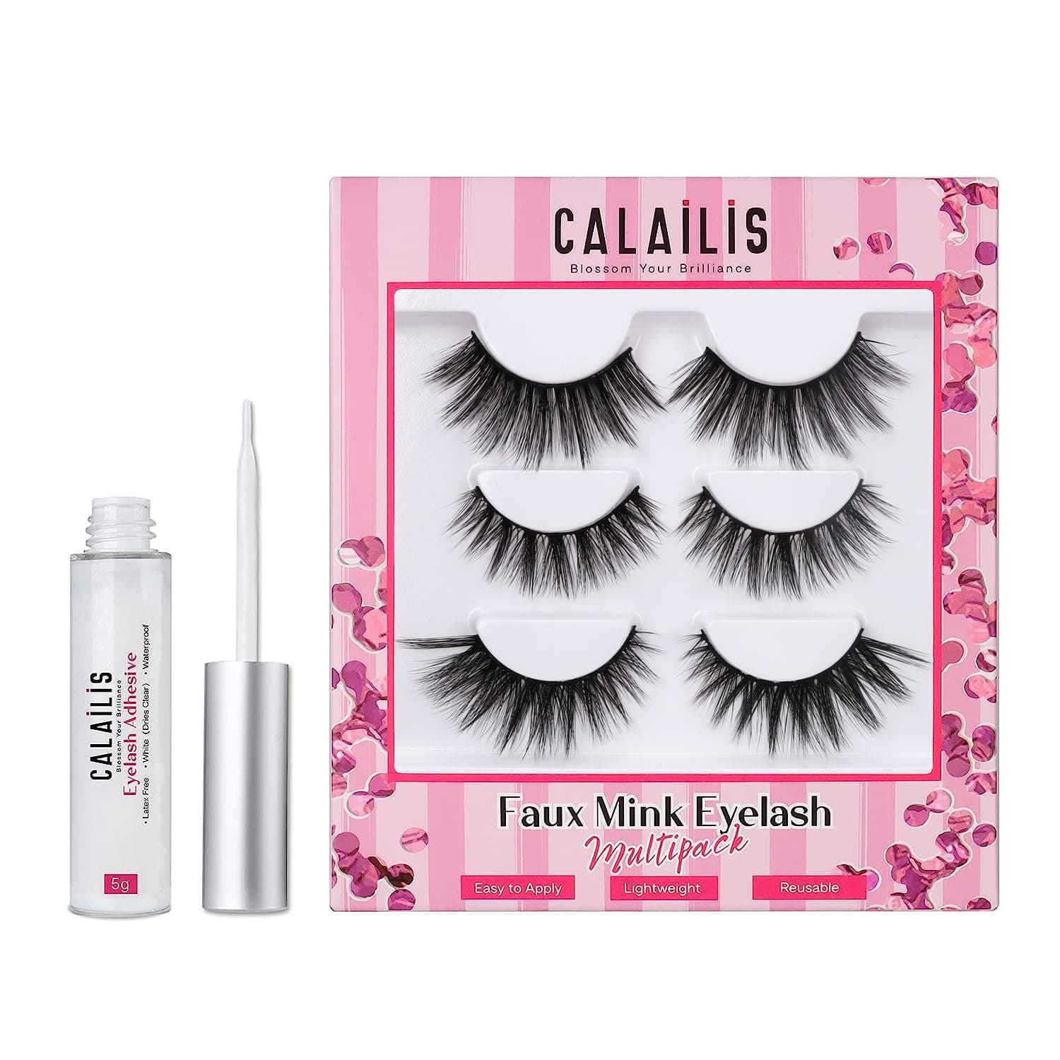 CALAILIS False Eyelash 3D Effect Faux Mink Fake False Eyelash Long Natural Eyelashes 3 Pairs With 5g False Eyelash Glue(cs18-1) Black