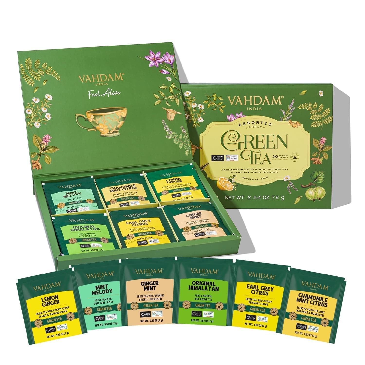 VAHDAM, Green Tea Variety Pack Sampler Assortment (36 Pyramid Tea Bags, 6 Flavor) | Non-GMO Project Verified Himalayan Green Tea with No Artificial Ingredients | Gifts for Women & Men