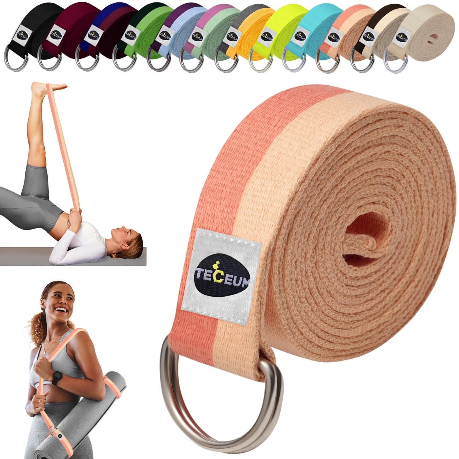Yoga Strap & Mat Strap – 2 IN 1 – Cotton – 6 ft 8 ft 10 ft (30+ colors) – Adjustable Non-Slip Belt for Yoga, Pilates, Stretching, Physical Therapy, Fitness & Home Workout – For Carrying Mats