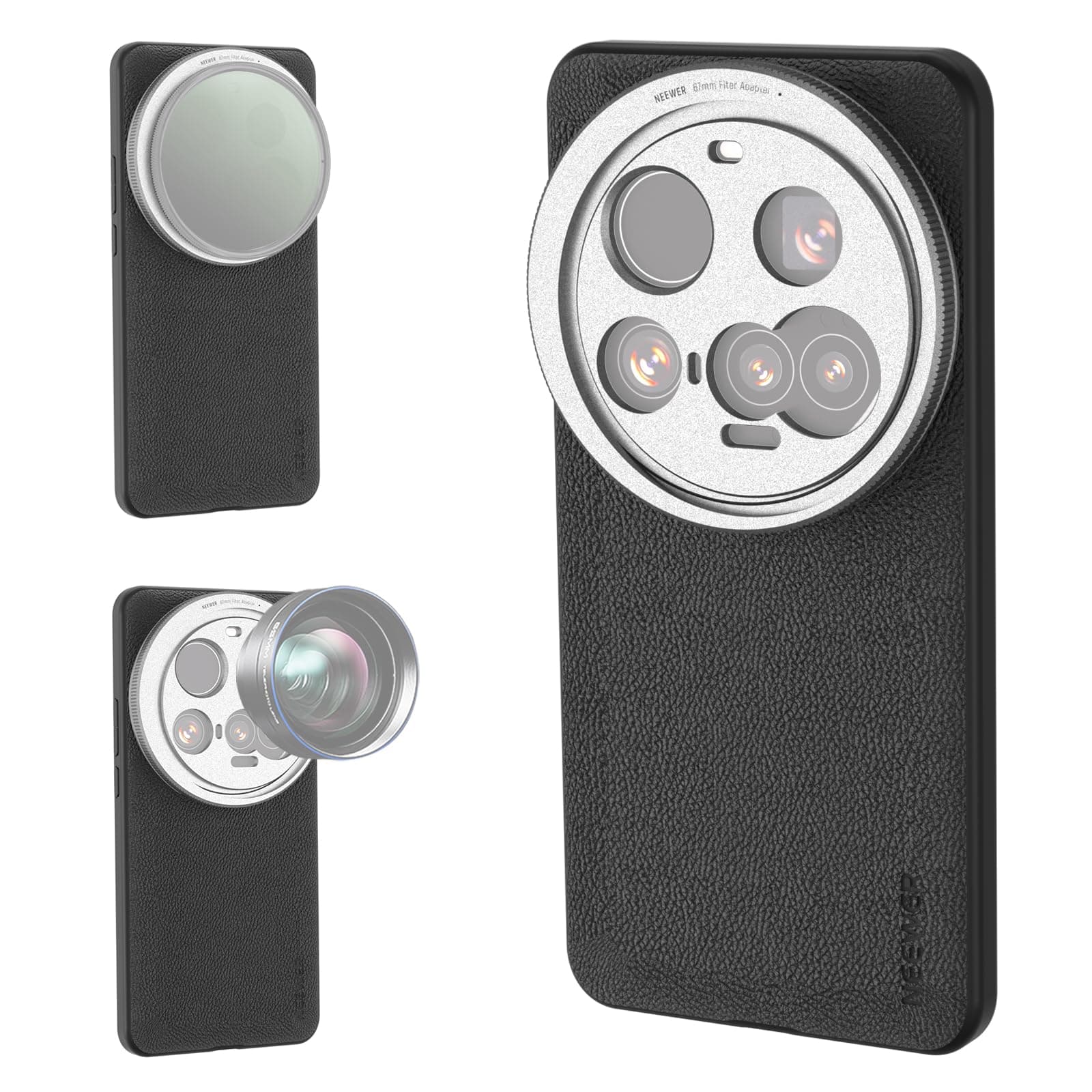 Smartphone Case, Compatible for Xiaomi 15 Ultra Protective Case, Heavy Duty, TPU + PC Synthetic Leather, 0.7 inch (17 mm) Lens Mount & 2.6 inch (67 mm) Filter Adapter, Video Rig, Wireless Charging, PA101, Black+Silver