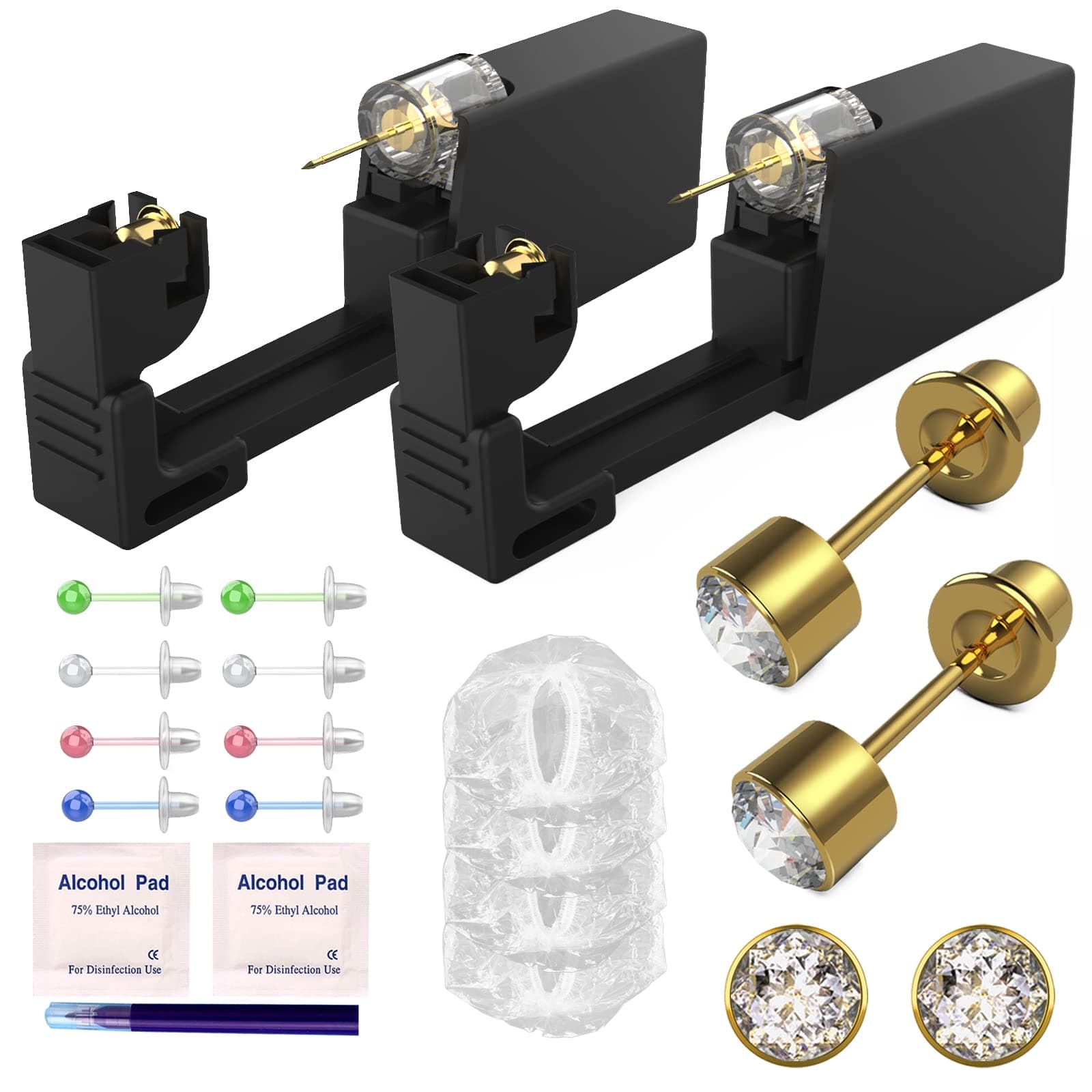 KAIQIKAIXI 19Pcs Ear Piercing Kit Disposable Sterile Ear Piercing Kit Painless Ear Piercing Gun Tool with CZ Size 5 mm Golden Earring Studs (Golden, 4mm)