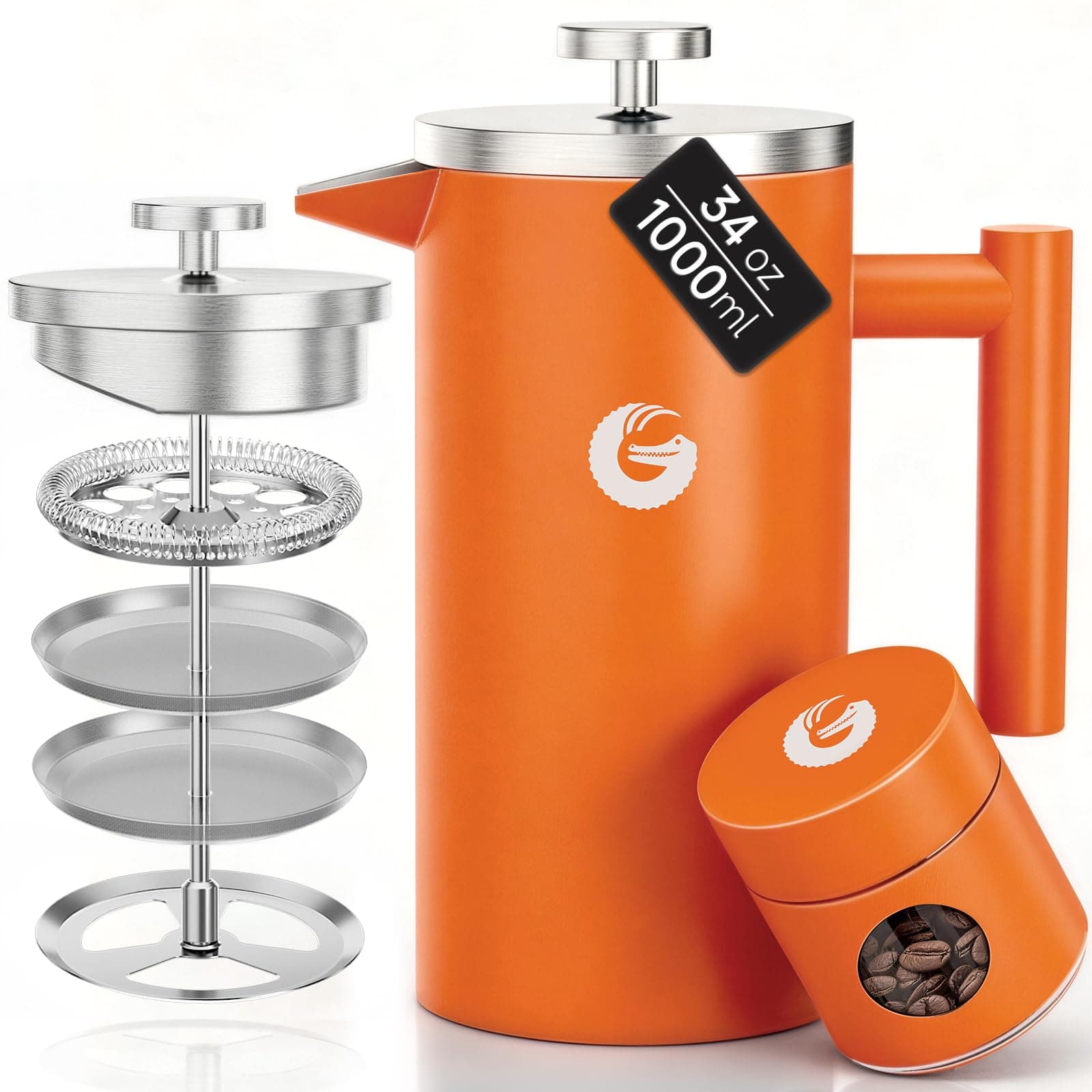 Coffee Gator Cafetiere Coffee Maker - Less Sediment, Hotter-For-Longer, Thermal French Press Brewer - Large Capacity, Double-Wall Insulated, Dishwasher-Safe Stainless Steel - 1 litre - Orange