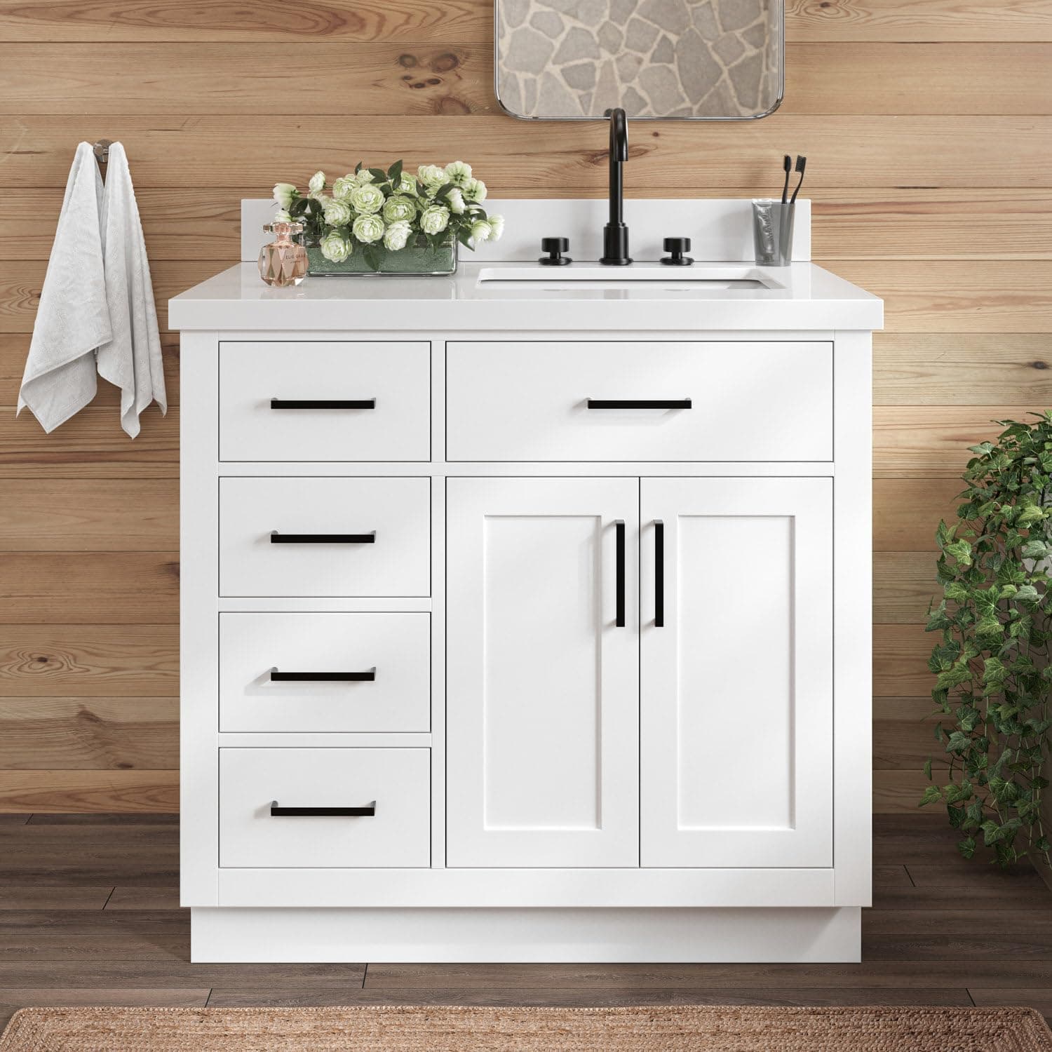 ARIEL Hepburn 36-inch Bathroom Vanity with Sink,Solid Wood, 1.5-inch Pure White Quartz Countertop & Backsplash, Single Rectangular Porcelain Sink, 2 Soft Closing Doors, 5 Dovetail Drawers, White