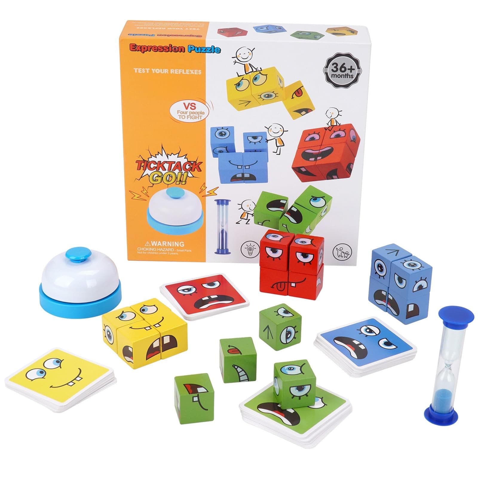 Face Changing Magic Cube Expression Changing Puzzle Game, Wooden Face Change Cubes Game Faceblock Blocks, Kids Toy for Boys Girls with Bell Hourglass
