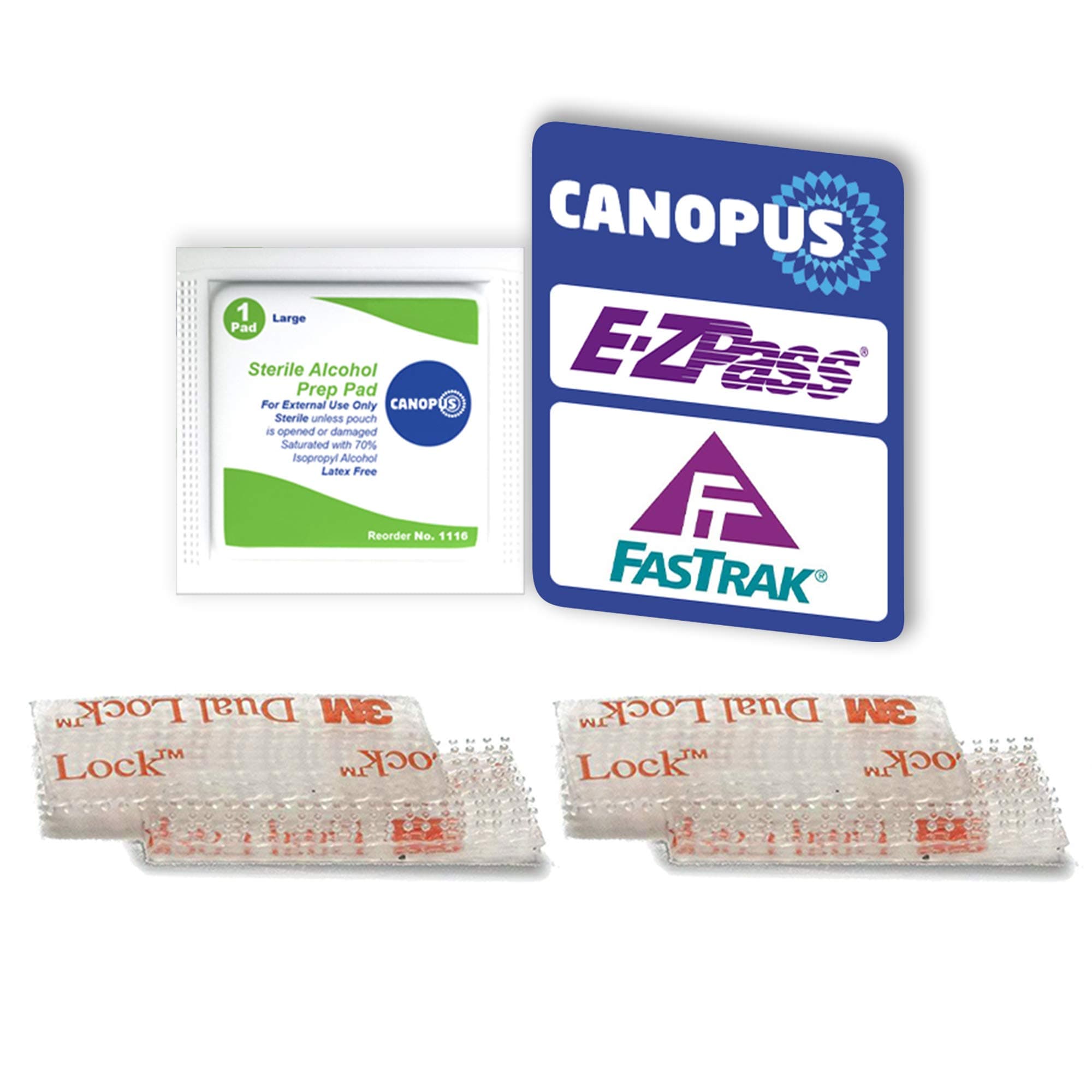 CANOPUS EZ Pass Mounting Kit – Dual Lock Reclosable Fastener Strips with Adhesive Backing (2 Sets, 4 Pieces) + 1 Cleaning Prep Pad – Tag Holder Tape for Toll Transponders