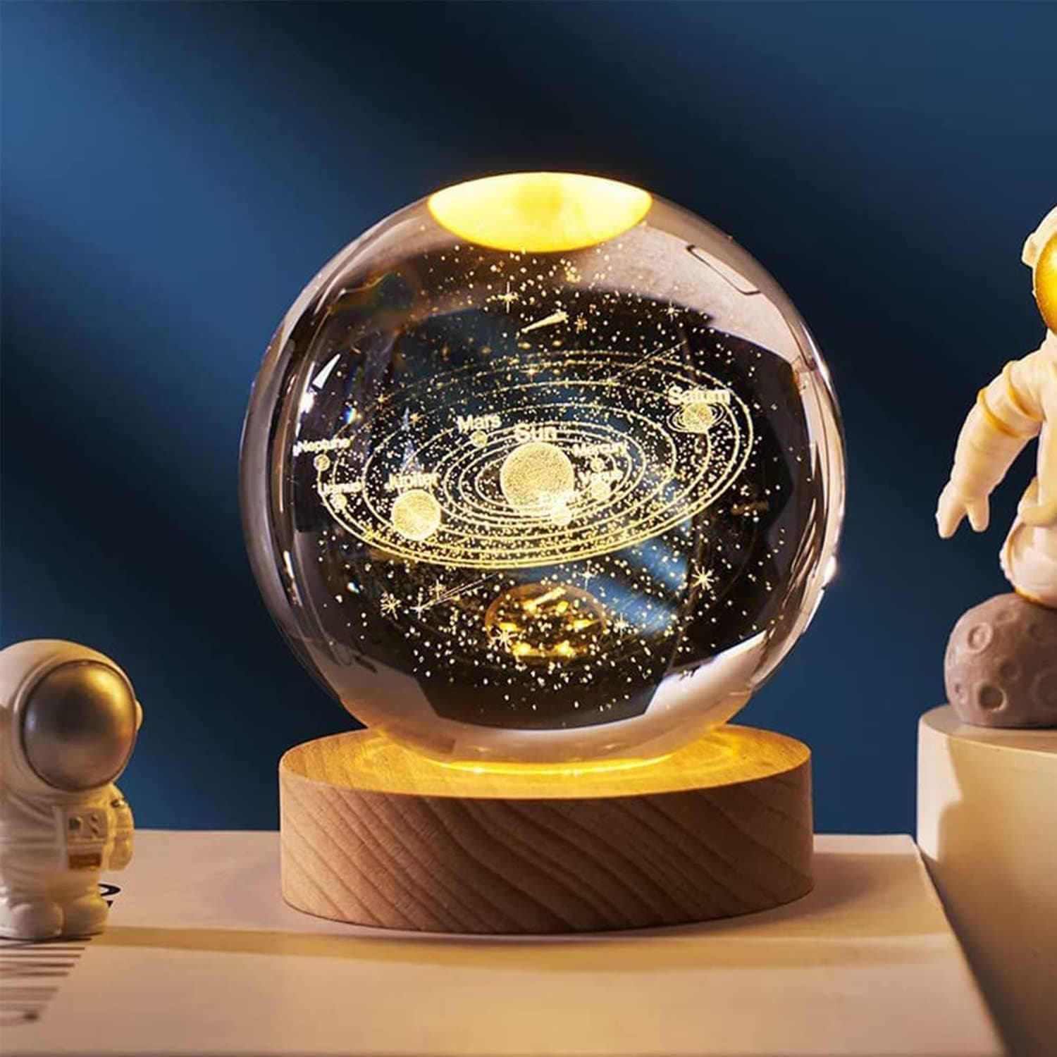 XSKY 3D Galaxy Crystal Ball Night Lamp,Solar System Crystal Ball Night Light, USB Powered 2.4 Inch Wooden Base Galaxy Glass Ball with Colorful LED Base