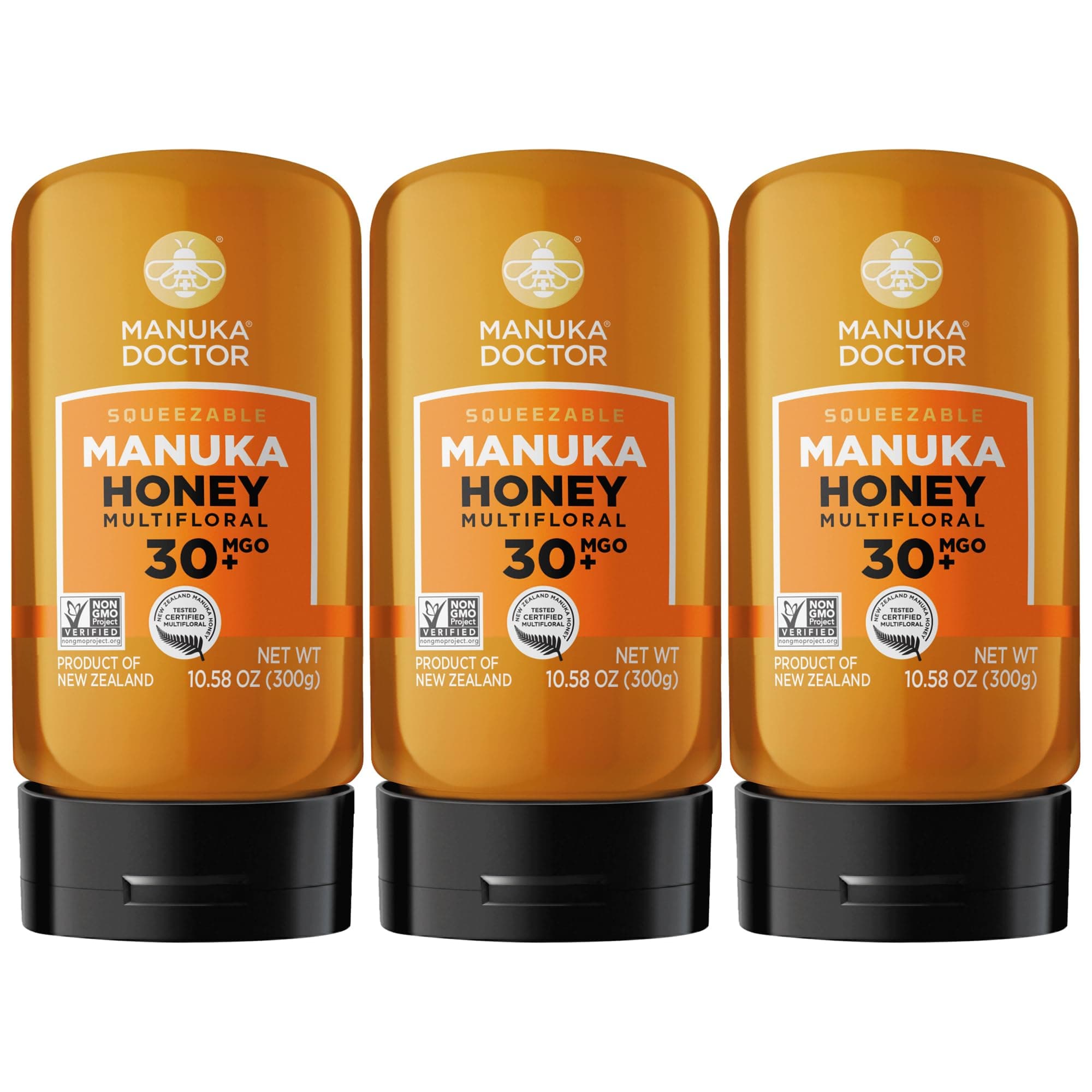 Manuka Doctor - MGO 30+ Squeezy Manuka Honey Value Bundle, Multifloral 100% Pure New Zealand Honey. Certified. Guaranteed. Raw. Non-GMO (10.58 oz) - 3 Pack