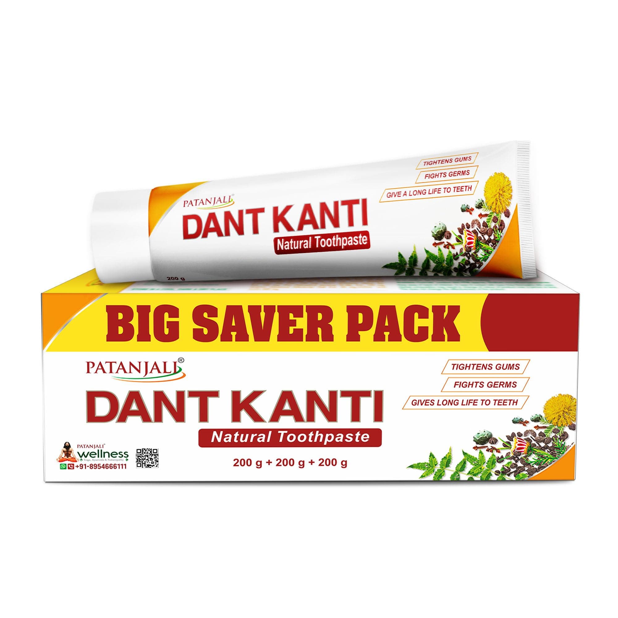 Dant Kanti Natural Toothpaste 600g (200gx3), Super Saver Value Pack, Strengthens Teeth, Tightens Gums & Promotes a Cavity-Free, Healthy Smile