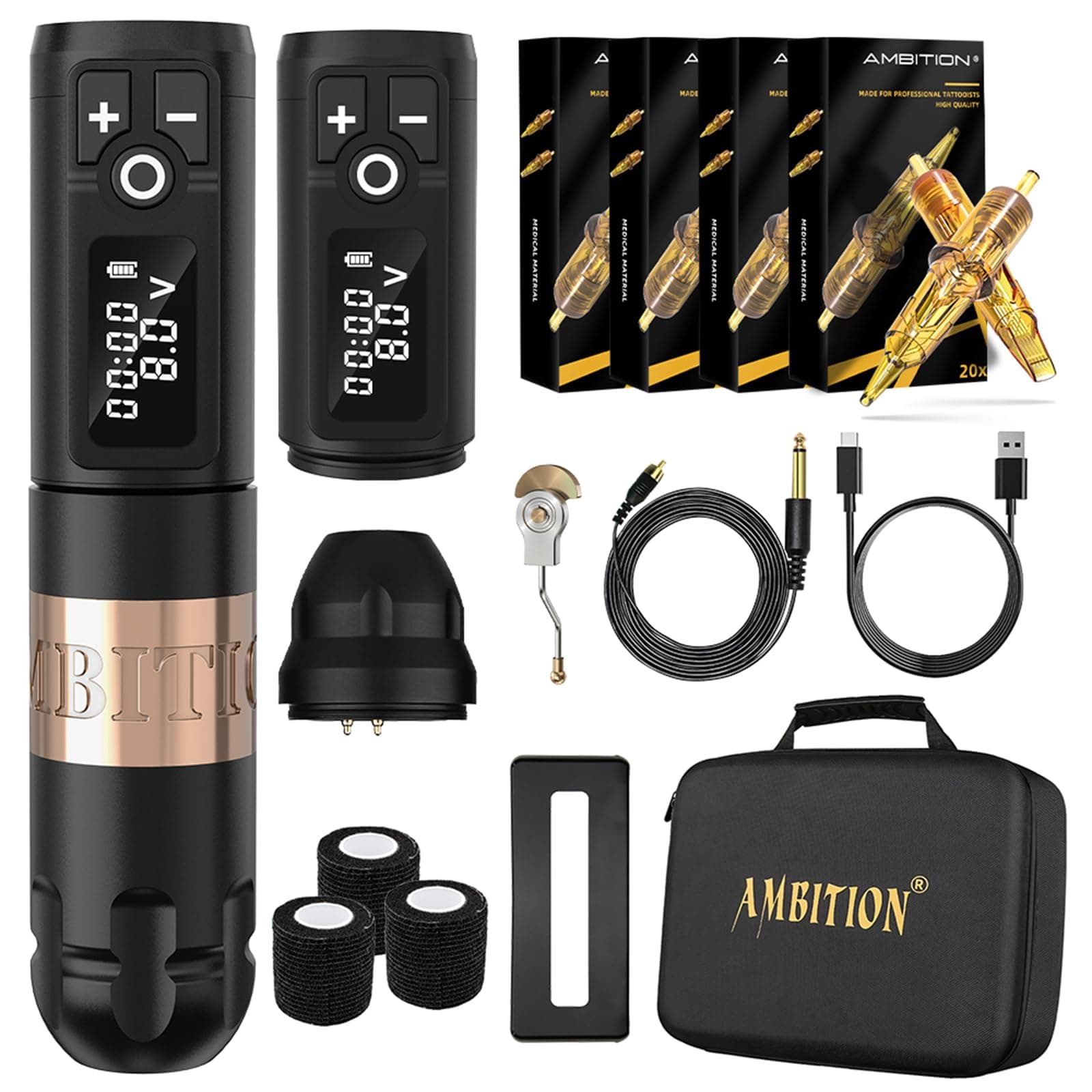 Ambition Soldier Wireless Tattoo Machine Kit Complete Rotary Coreless Motor Tattoo Pen Kit with Extra 2400mAh Battery 80pcs Glory Mixed Size Cartridge Needles Supply for Professional Tattoo Artist
