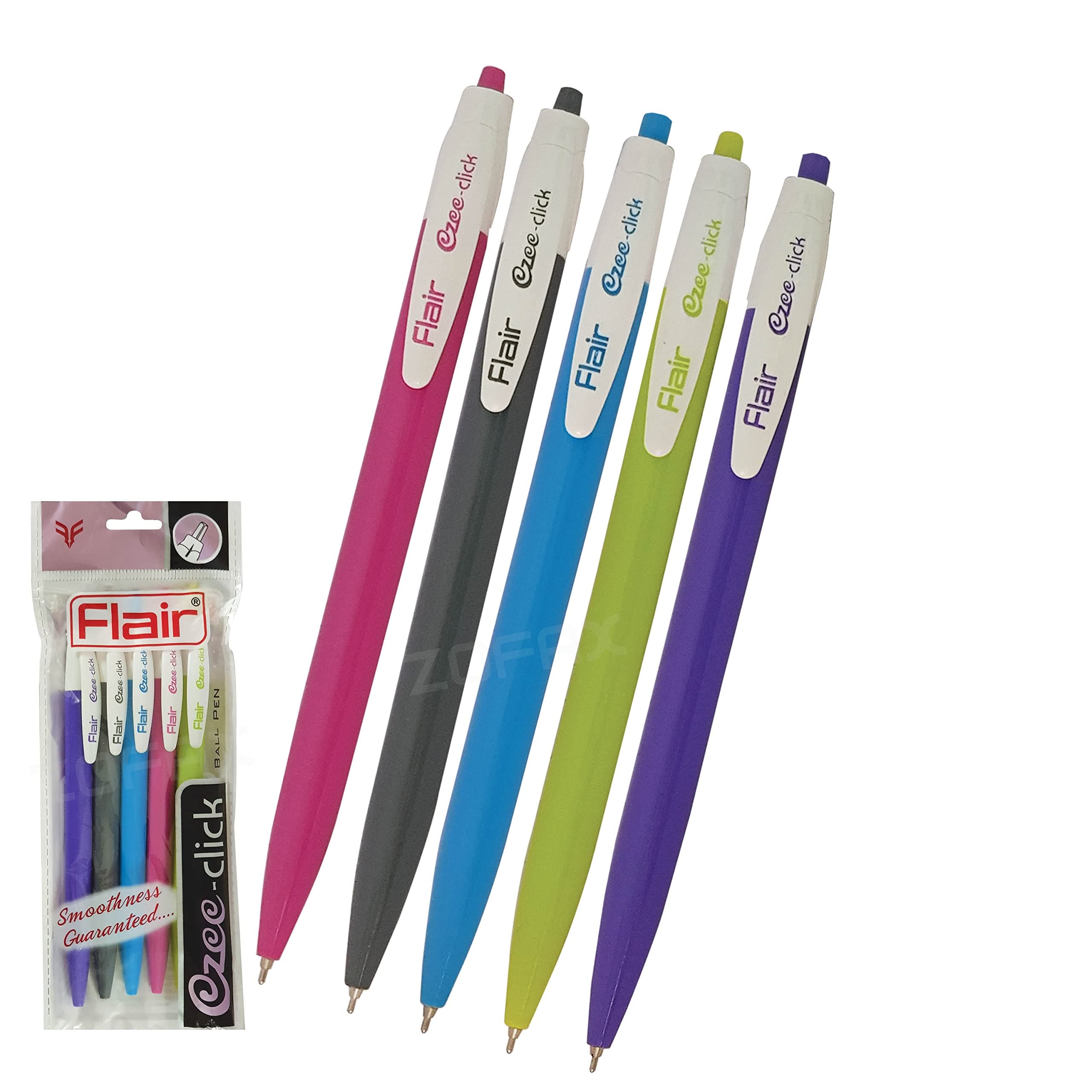 FLAIR 5 x 0.7mm Ezee Click Pro BLUE Smooth Ballpoint Pens Soft Grip