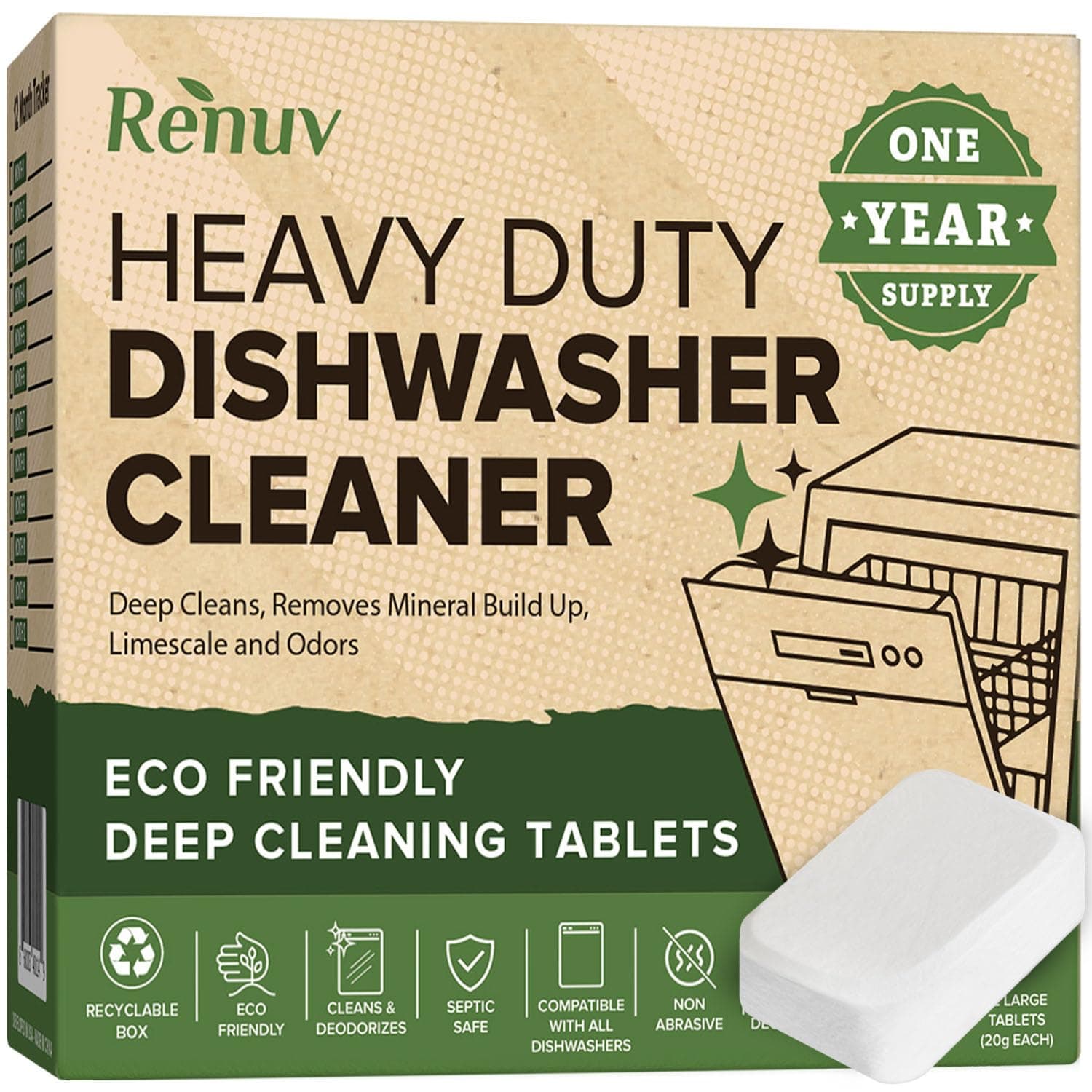 Renuv Dishwasher Cleaner & Deodorizer Tablets, Heavy Duty Deep Cleaning Eco Friendly Descaler Removes Odor, Calcium, Limescence, Hard Water Marks - 1 Year Supply