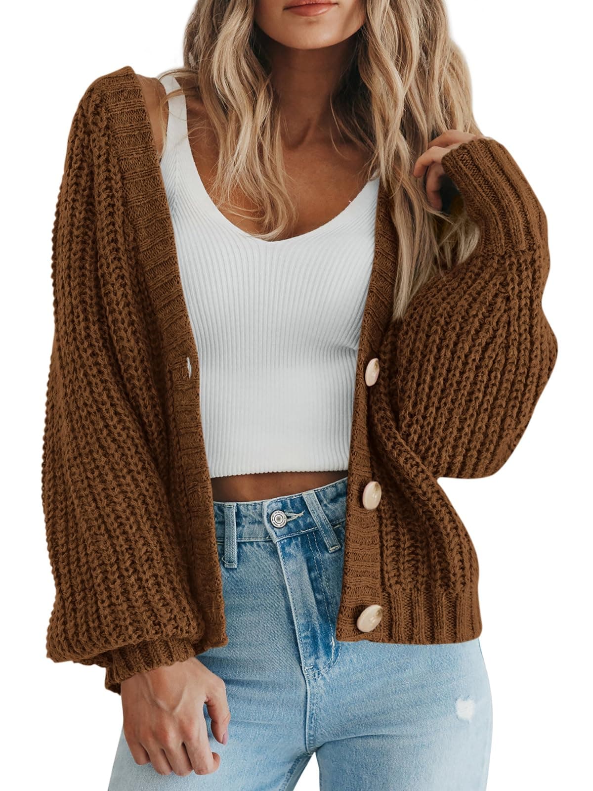 PRETTYGARDEN Women's Chunky Knit Open Front Sweater Long Sleeve Button Loose Short Cardigan Outerwear Coats
