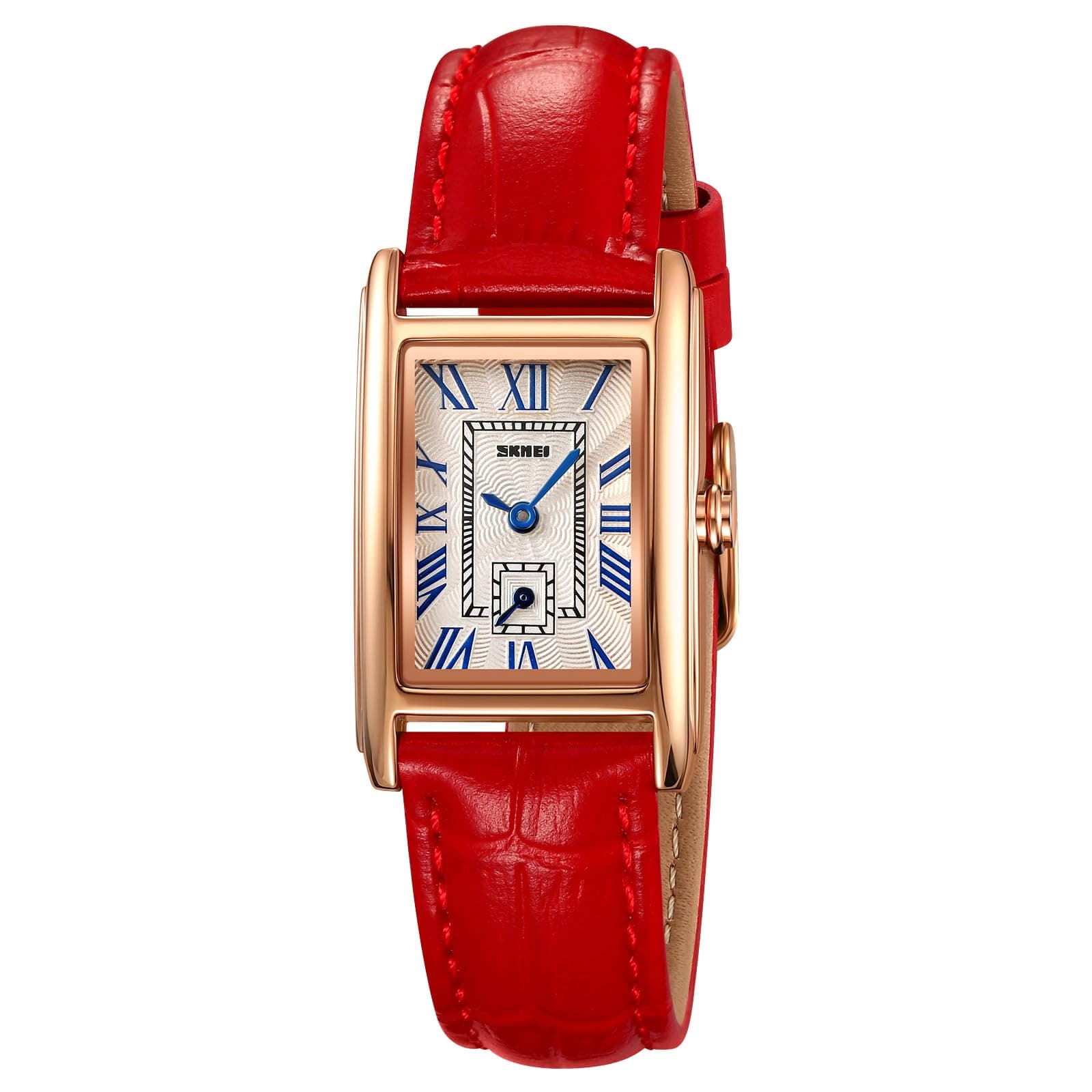 レディースクォーツウォッチ レディース スタイリッシュ 長方形 ドレスウォッチ レザーストラップとブルークリスタルクラウン付き, S レッド, ファッション、クラシック。