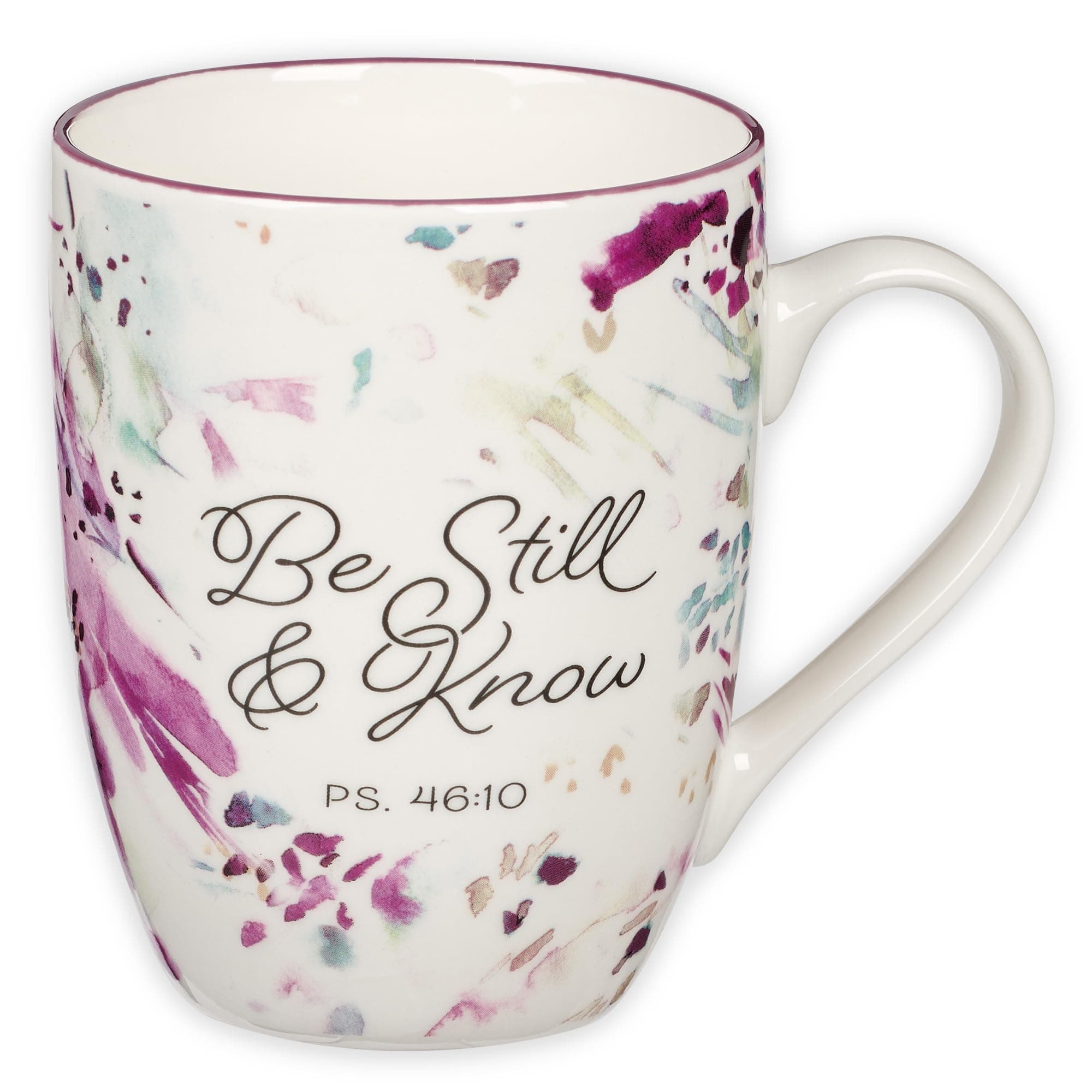 Christian Art Gifts Inspirational Ceramic Coffee & Tea Scripture Mug for Women: Be Still & Know Psalm Encouraging Bible Verse, Microwave & Dishwasher Safe Cute Cup, White, Purple & Teal Floral, 12 oz.