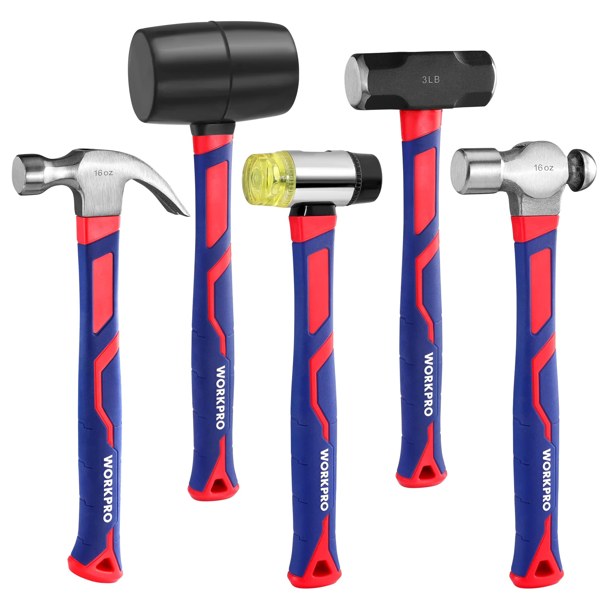5-Piece forge/Polish Steel Head, Fiberglass Handle Set - 32oz Rubber Mallet | 16oz Claw & Ball-Peen Hammers | 3lb Sledge | 22oz Double-Faced Mallet