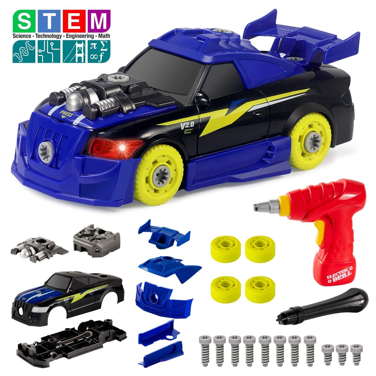 Take Apart Racing Car Toys with Drill Tools, STEM 26 Pieces Racing Car Toy Kit Vehicle Assembly Set with Lights & Engine Sounds, Building Your Own Car Toy Set Gifts for Kids, Boys & Girls