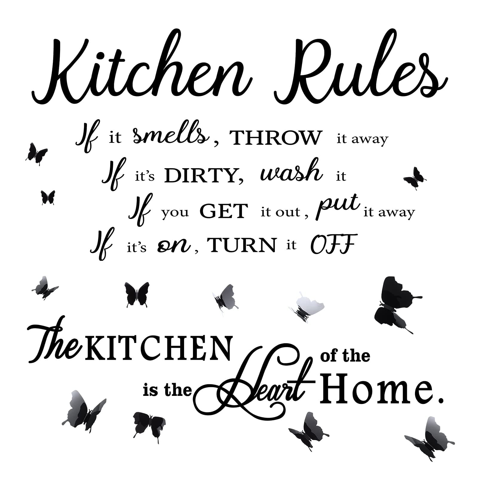 15 Piece Kitchen Rules Art Home Mural Wall Stickers - The Kitchen Is The Heart Stickers with Black 3D Butterfly Wall Decals & Inspirational Quotes - Dining Room Decal (29.5 x 25.5 Inch)
