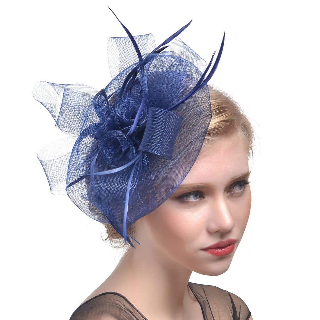 Cocktail Feather Mesh Net Sinamay Fascinator Hat with Clip (B-Navy)