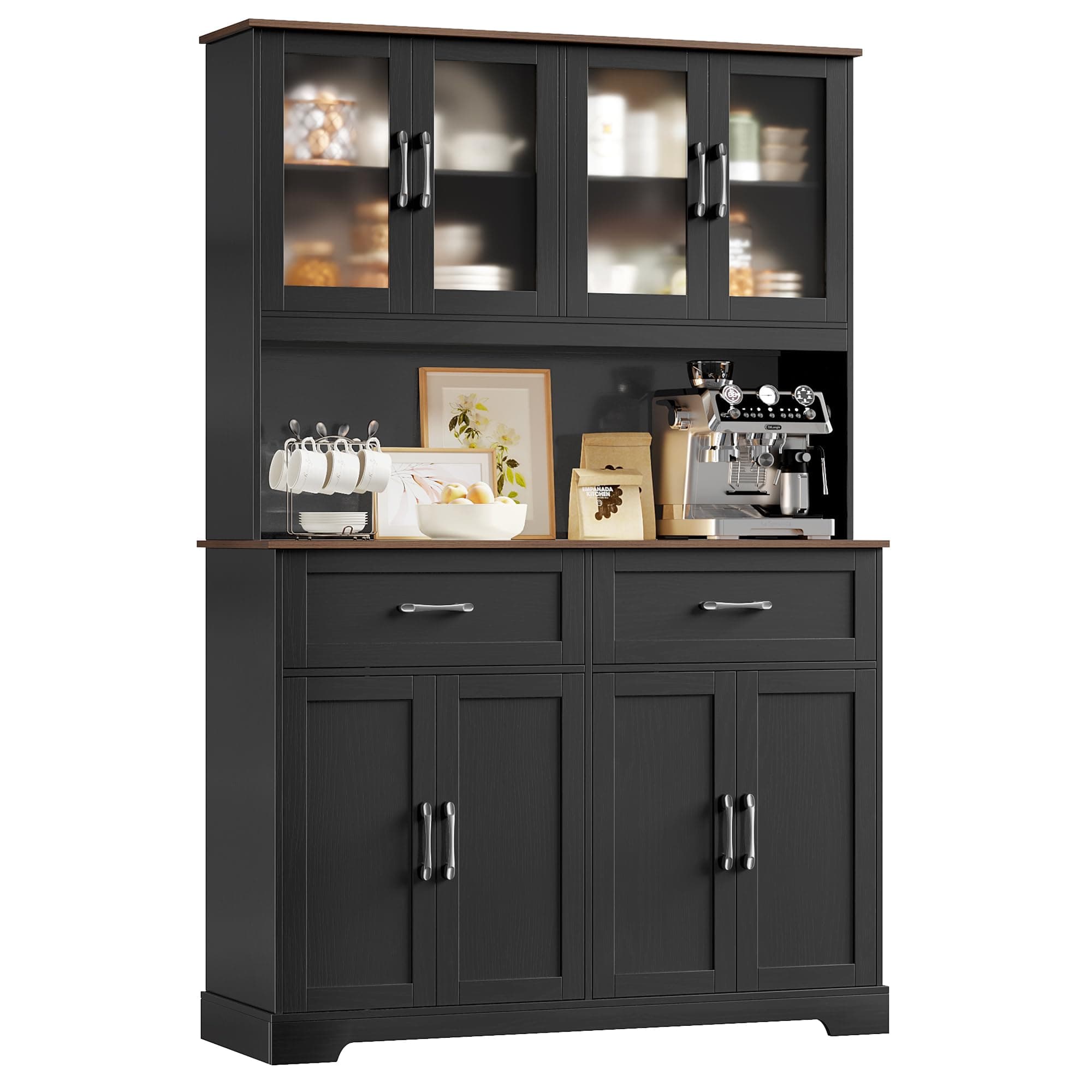 71" Tall Kitchen Pantry Cabinet, Kitchen Hutch with Microwave Stand, Glass Doors, Food Pantry Cabinet with Doors and Shelves for Dining Room, Black