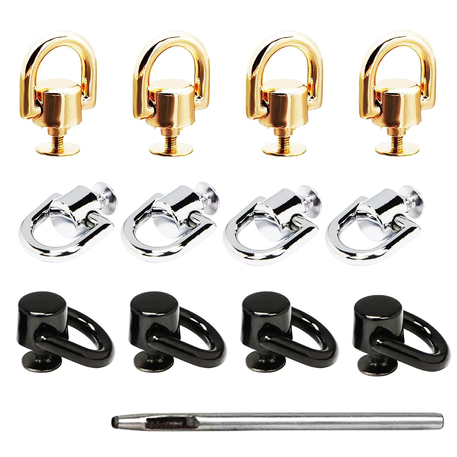 D Rings for Purse Hardware for Bag Making, 12 PCS Metal D Ring and Stud Screw, 360 Degree Rotatable D Rings for Purse, Bag Hardware, Dog Buckles, Purse, DIY Handcraft, Leather Accessories- 3 Color