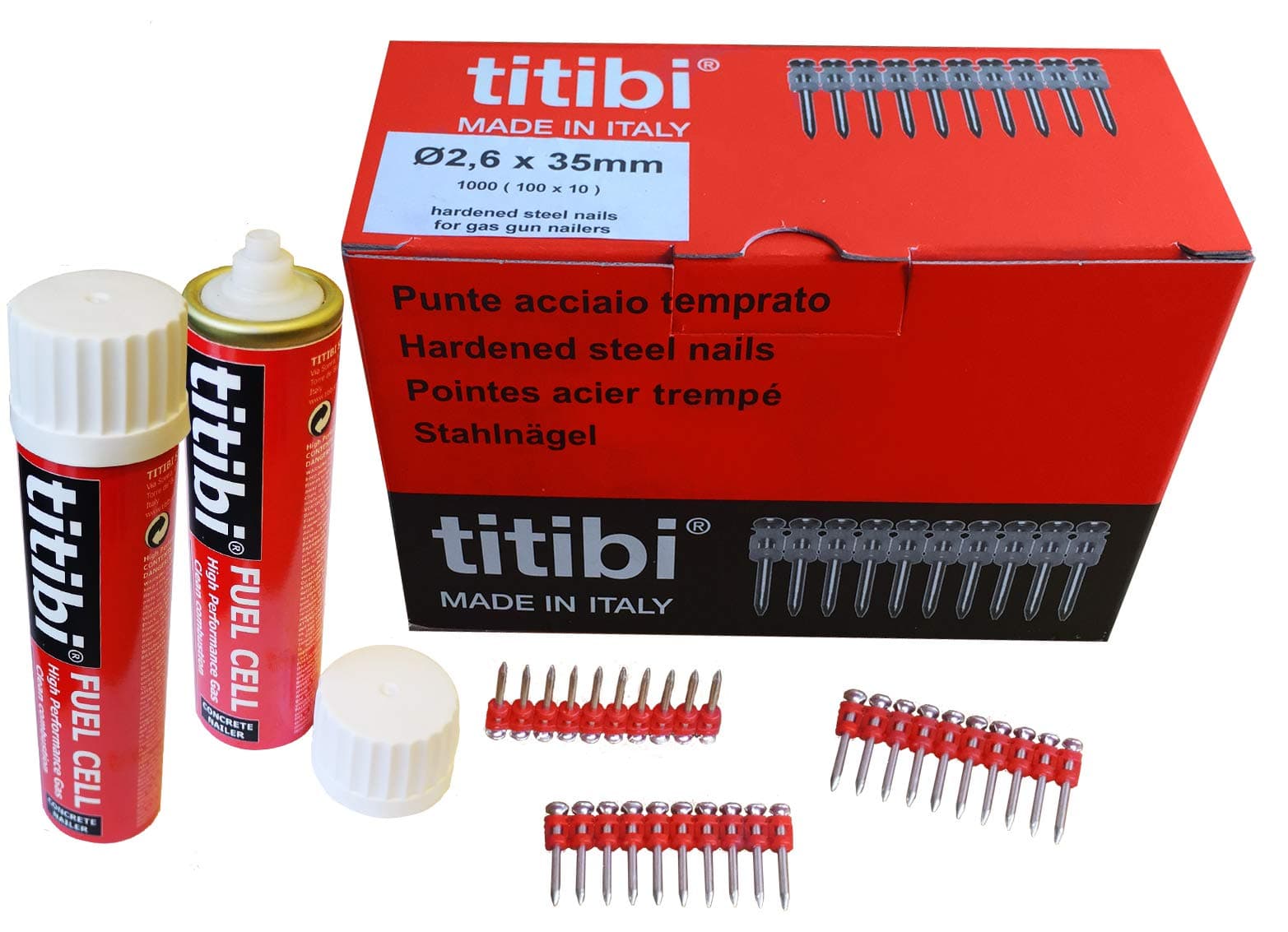 N.1000 Strip Nails + N. 2 P700 Gas Fuel Cells Suitable for Gas NAILERS: Spit Pulsa 700P/700E - Others (Ø 2,6 x 20mm)