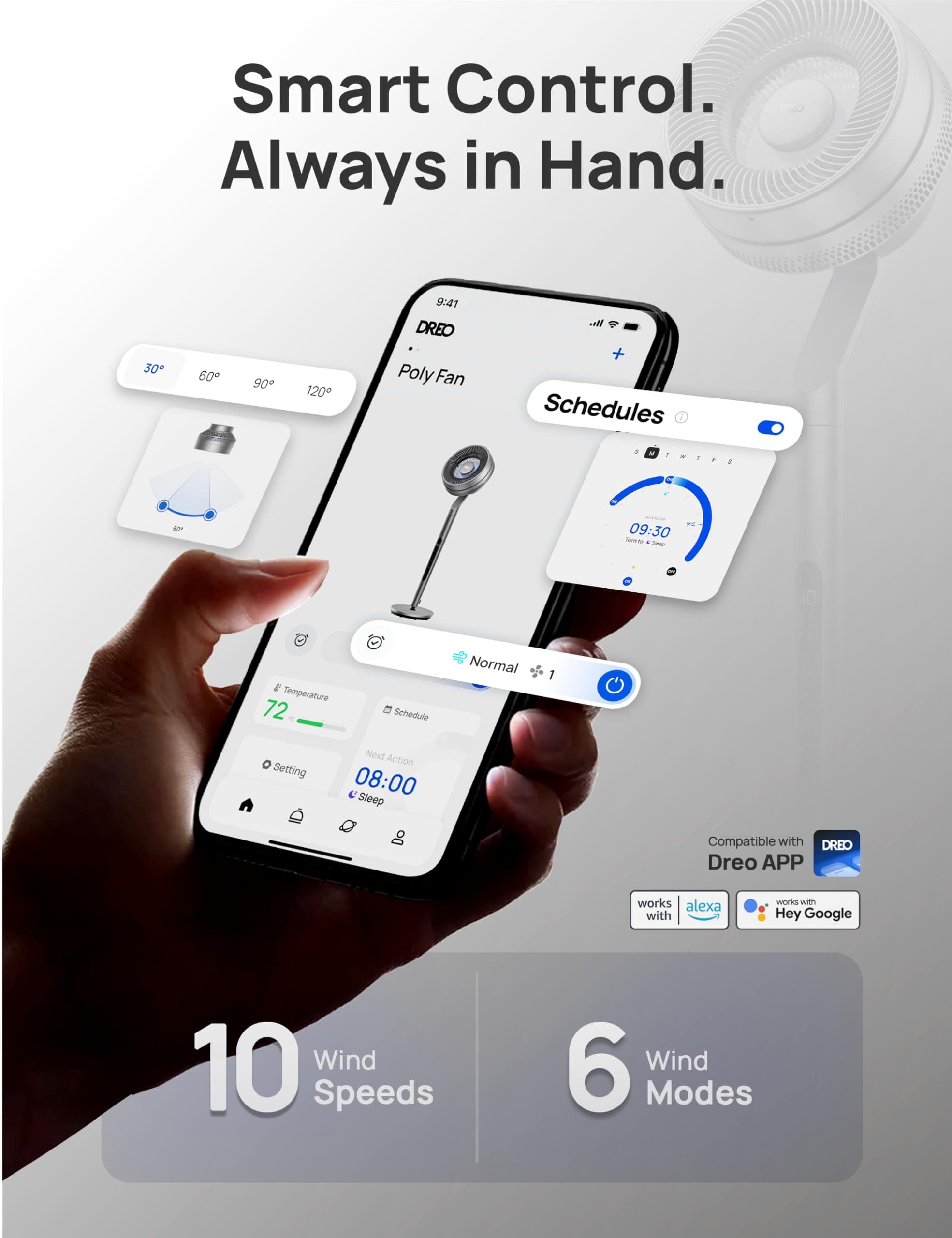 Dreo Pedestal Fan with Smart Control, 40-44" Adjustable Height, DC Quiet Fans for Bedroom, 120°+85° Omni-Directional Oscillating Fan, 100ft Airflow, 10 Speeds, 6 Modes, 12H Timer, 23db, Wi-Fi/Voice