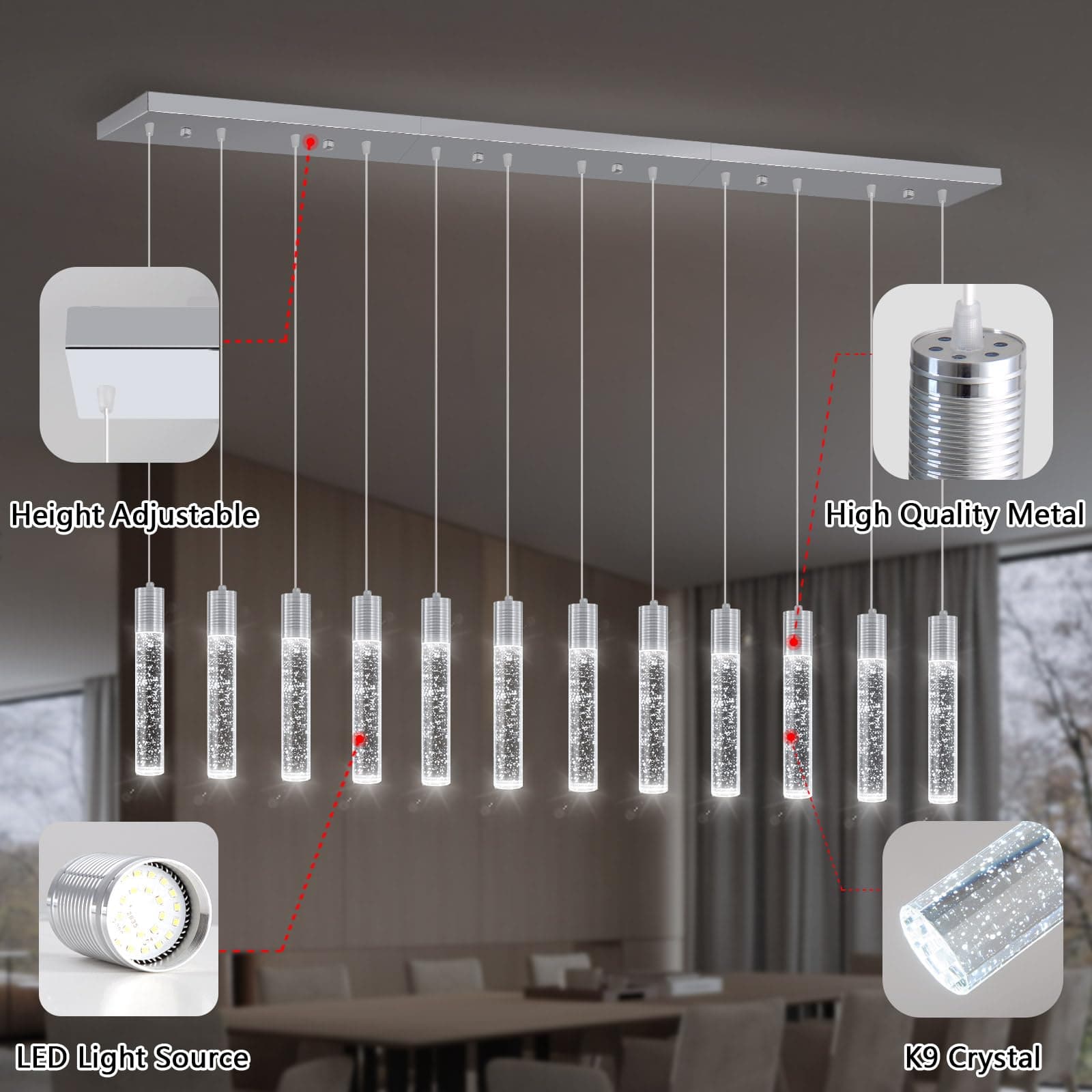 dolria 12-Lights Modern Crystal Chandeliers LED Pendant Light for Kitchen Island Dining Room Entrance Foyer Living Room Silver