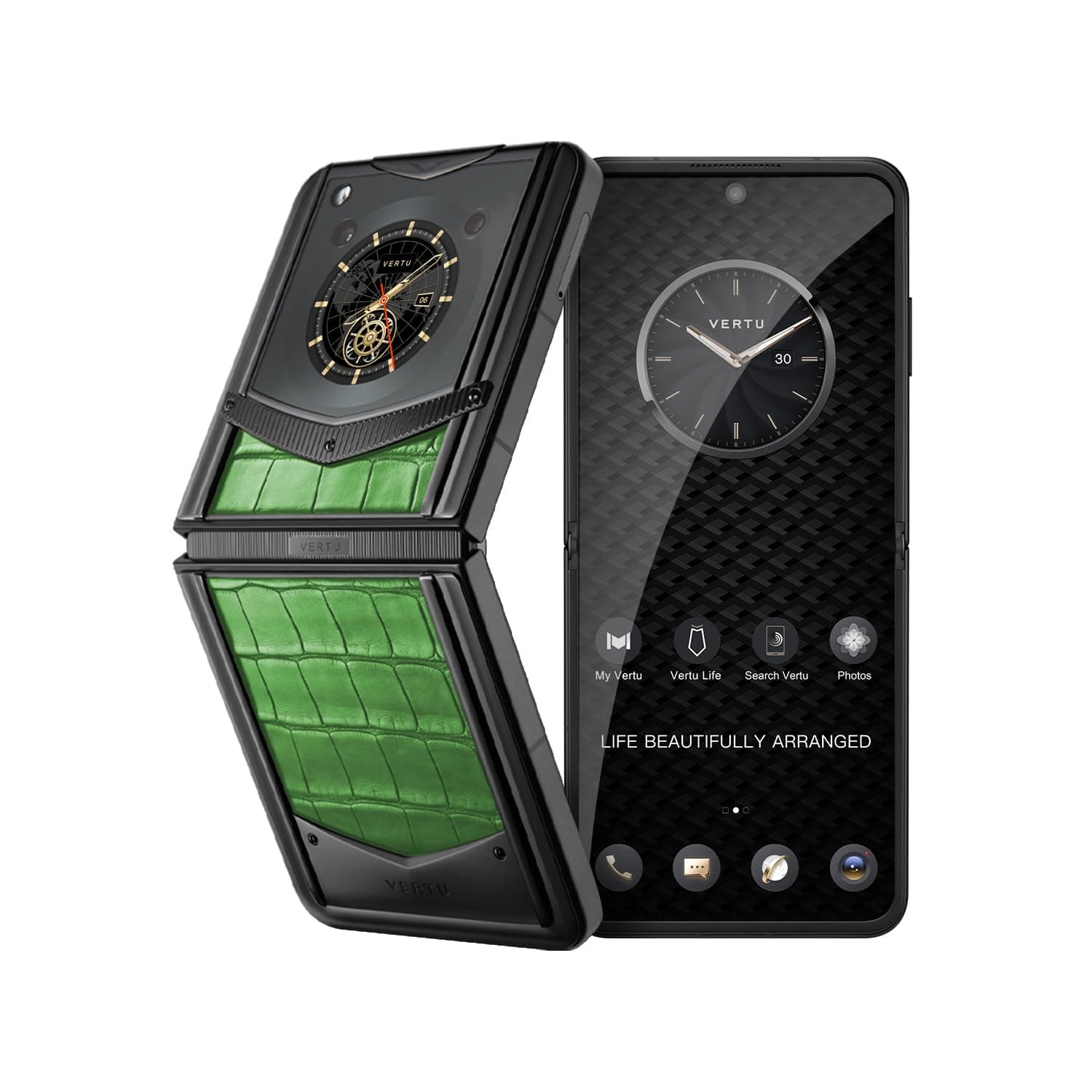 Vertu IRONFLIP Alligator Skin Flip Cell Phone, Unlocked Android 5G Smartphone, Foldable Design, One-Hand Control, 50MP Camera, 12G+512G, Dual SIM, 6.9" 120Hz OLED, 65W Fast Charge (Bamboo Green)