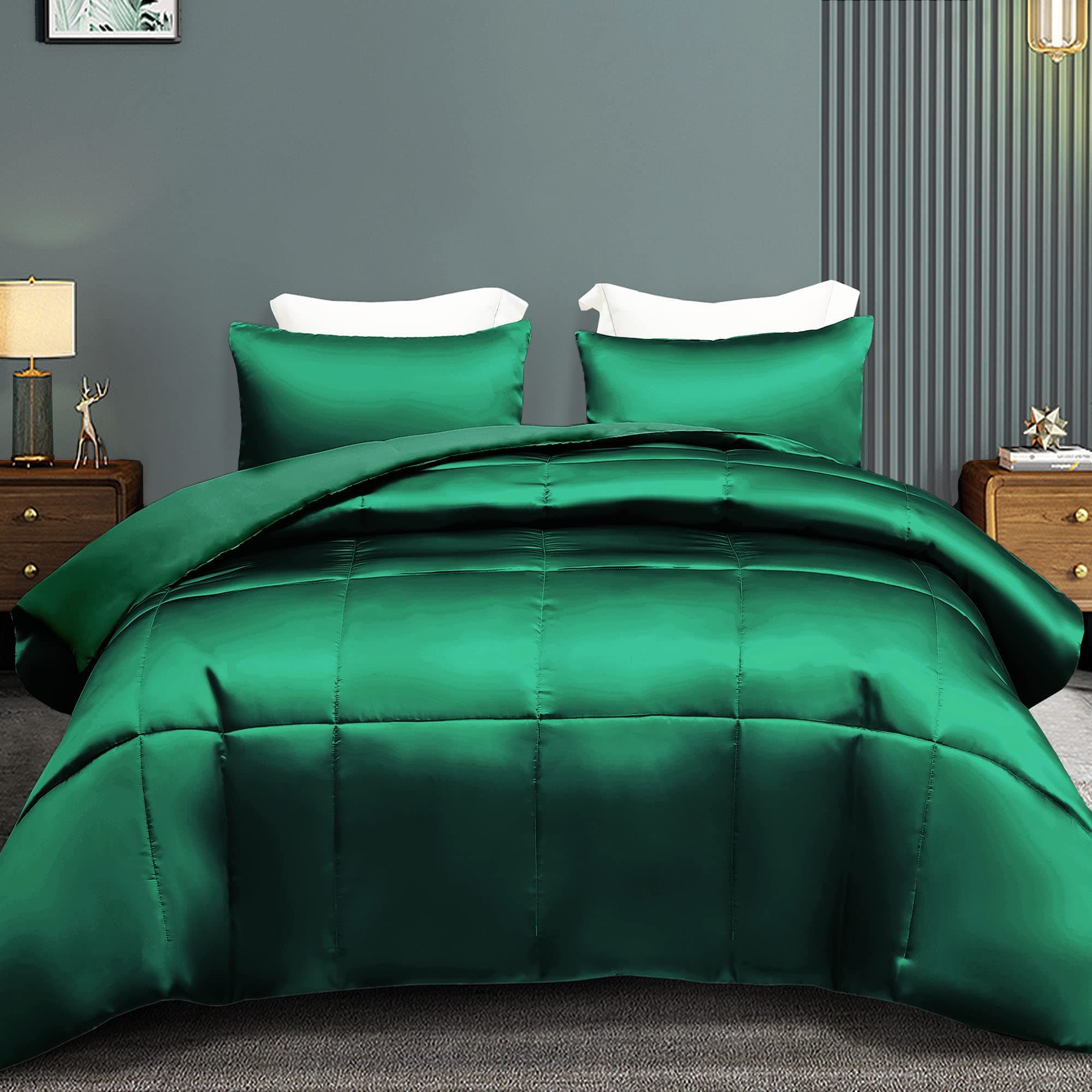 Whale Flotilla 3-Piece Reversible Silky Soft King Size Comforter Bedding Set, Luxurious Satin Comforters Oversized with 2 Satin Pillowcases, Lightweight Duvet for All Seasons, Deep Green
