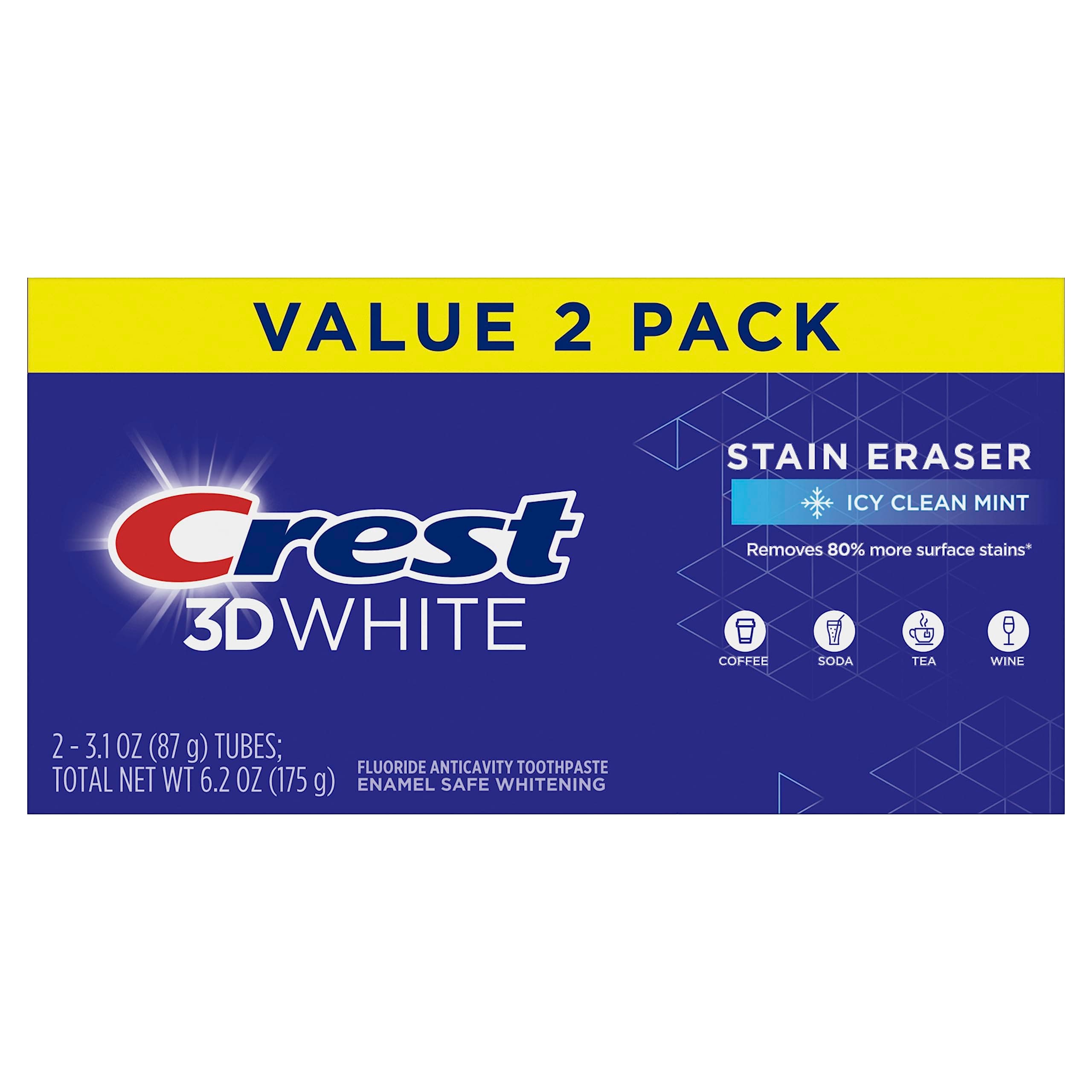3D White Stain Eraser Teeth Whitening Toothpaste, ICY Clean Mint, 3.1 oz, Pack of 2