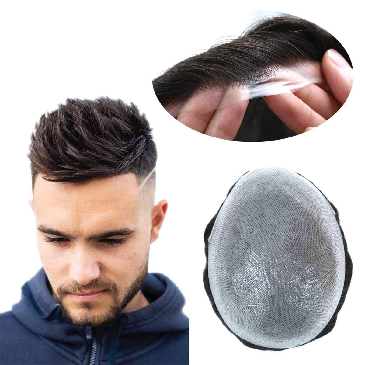 HAIR NATURE Toupee for Men, Human Hairpieces Replacement System, 0.03mm PU Thin Skin V-looped Black Male Hair Units #1B